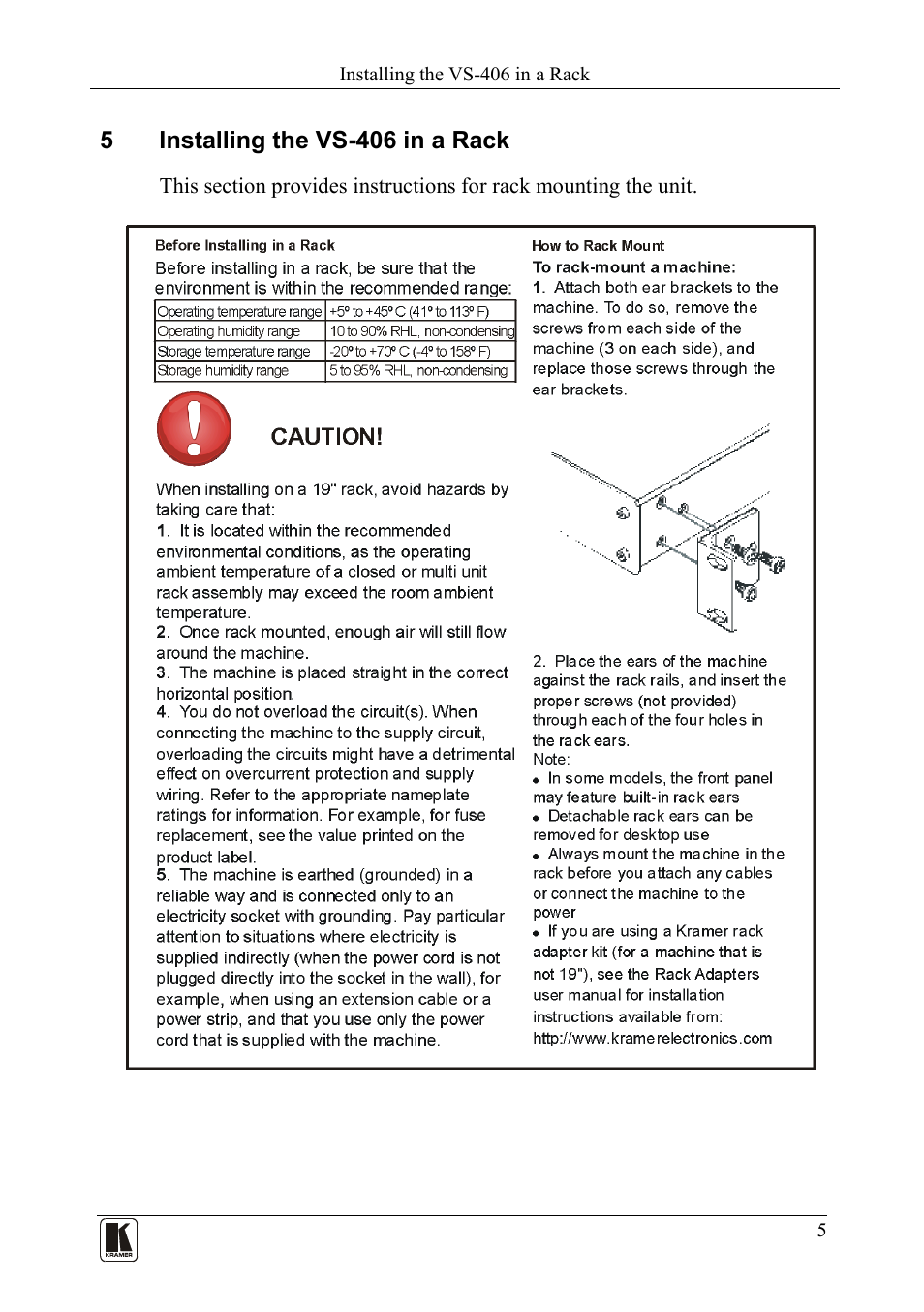 5 installing the vs-406 in a rack, Installing the vs-406 in a rack | Kramer Electronics VS-406 User Manual | Page 7 / 13