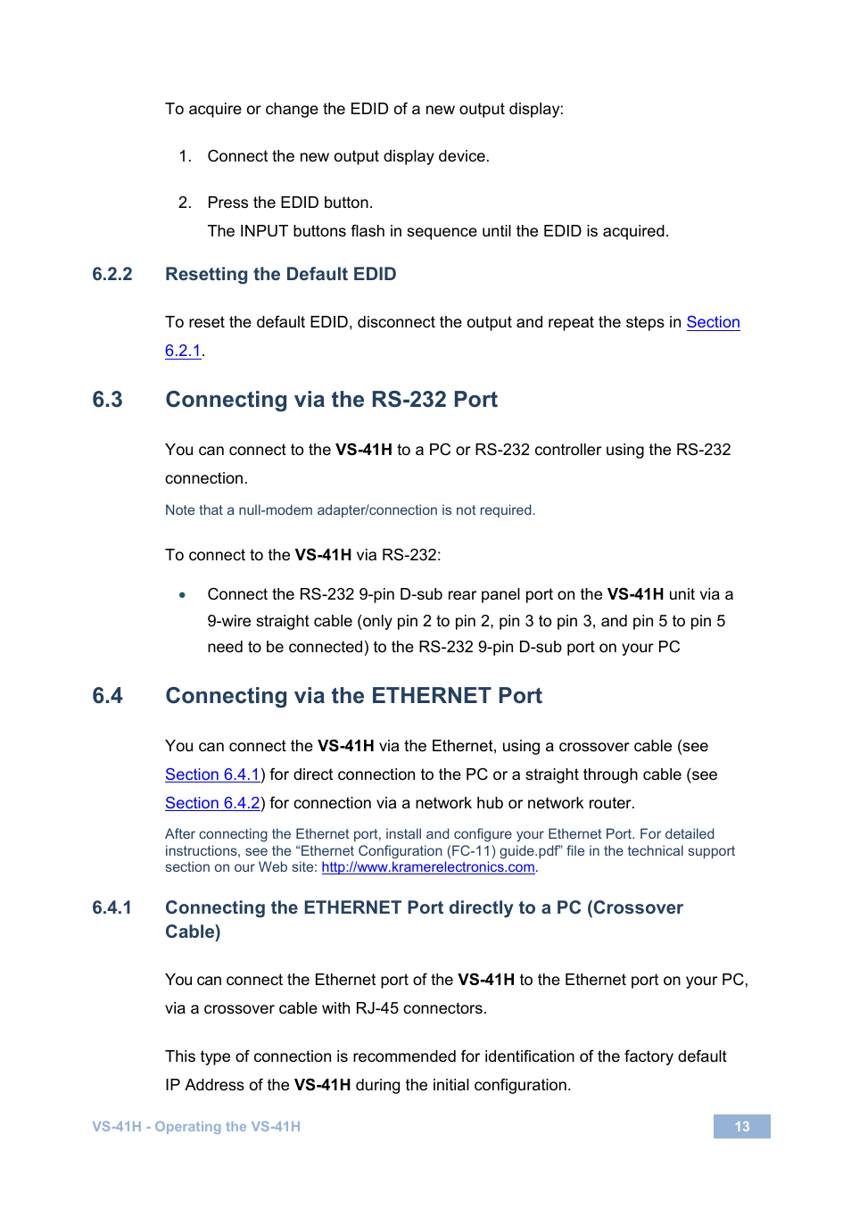 2 resetting the default edid, 3 connecting via the rs-232 port, 4 connecting via the ethernet port | Connecting via the rs-232 port, Connecting via the ethernet port, And/o, Section 6.2.2 | Kramer Electronics VS-41H User Manual | Page 16 / 25