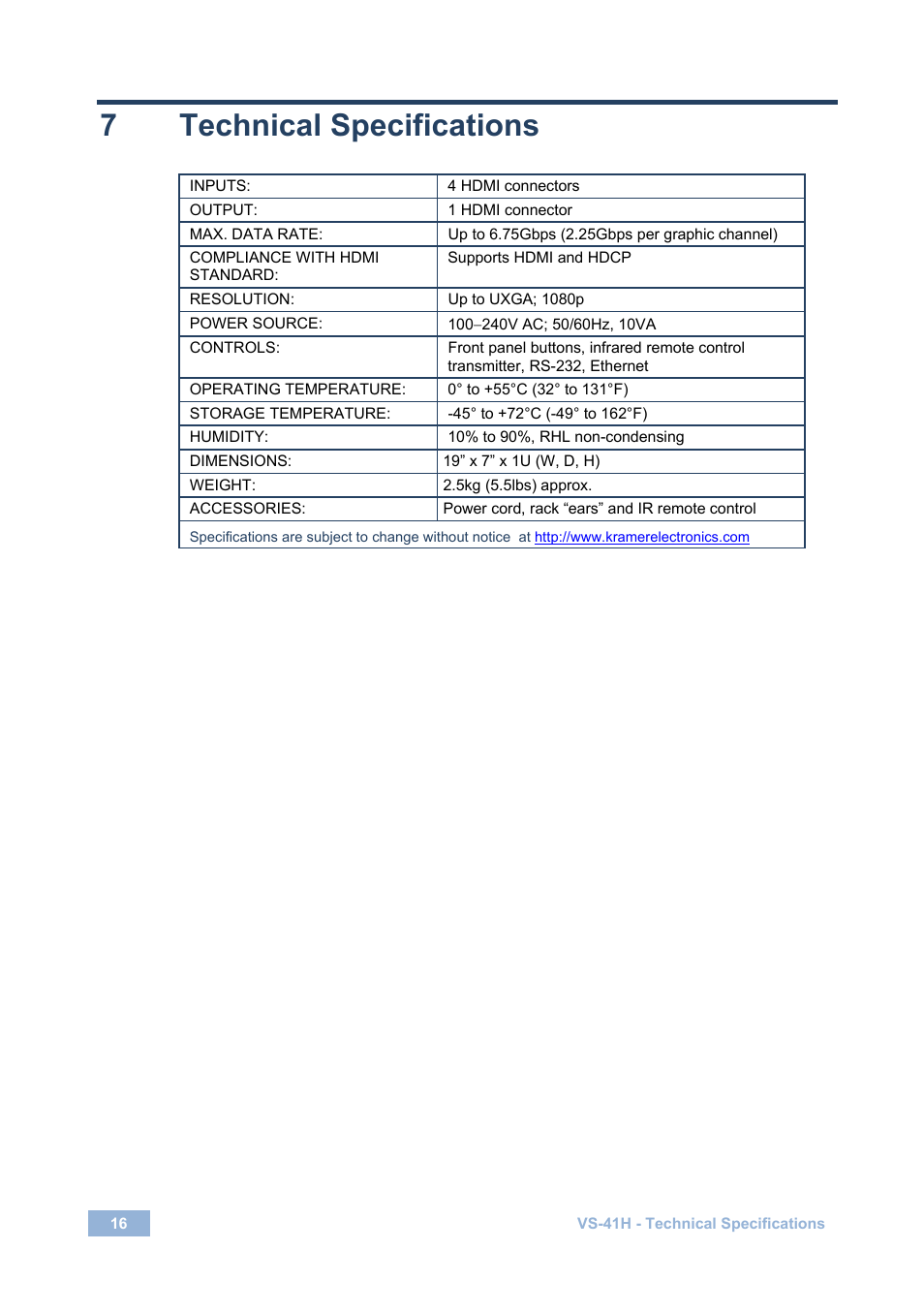 7 technical specifications, Technical specifications | Kramer Electronics VS-41H User Manual | Page 19 / 25