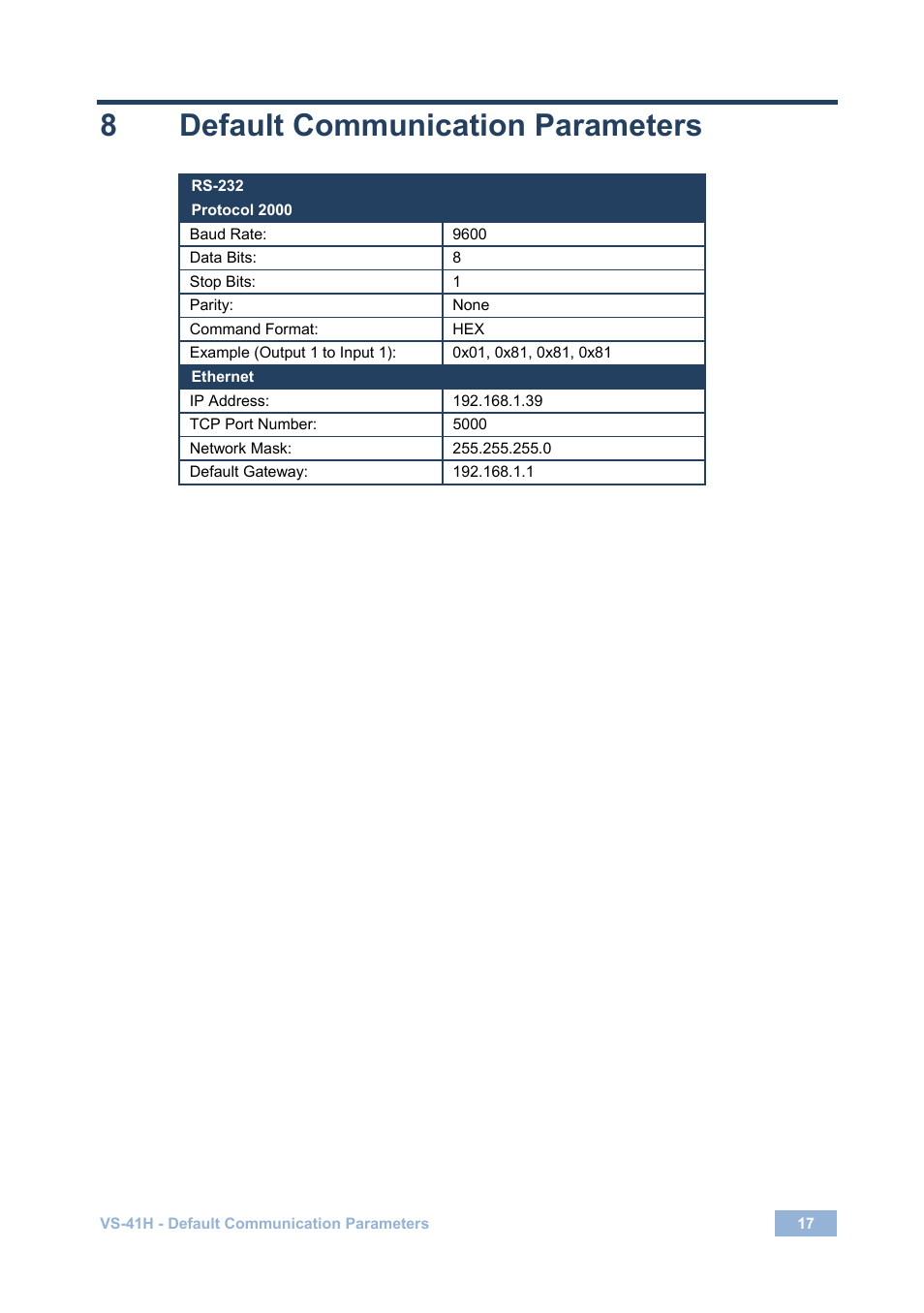 8 default communication parameters, Default communication parameters, 8default communication parameters | Kramer Electronics VS-41H User Manual | Page 20 / 25