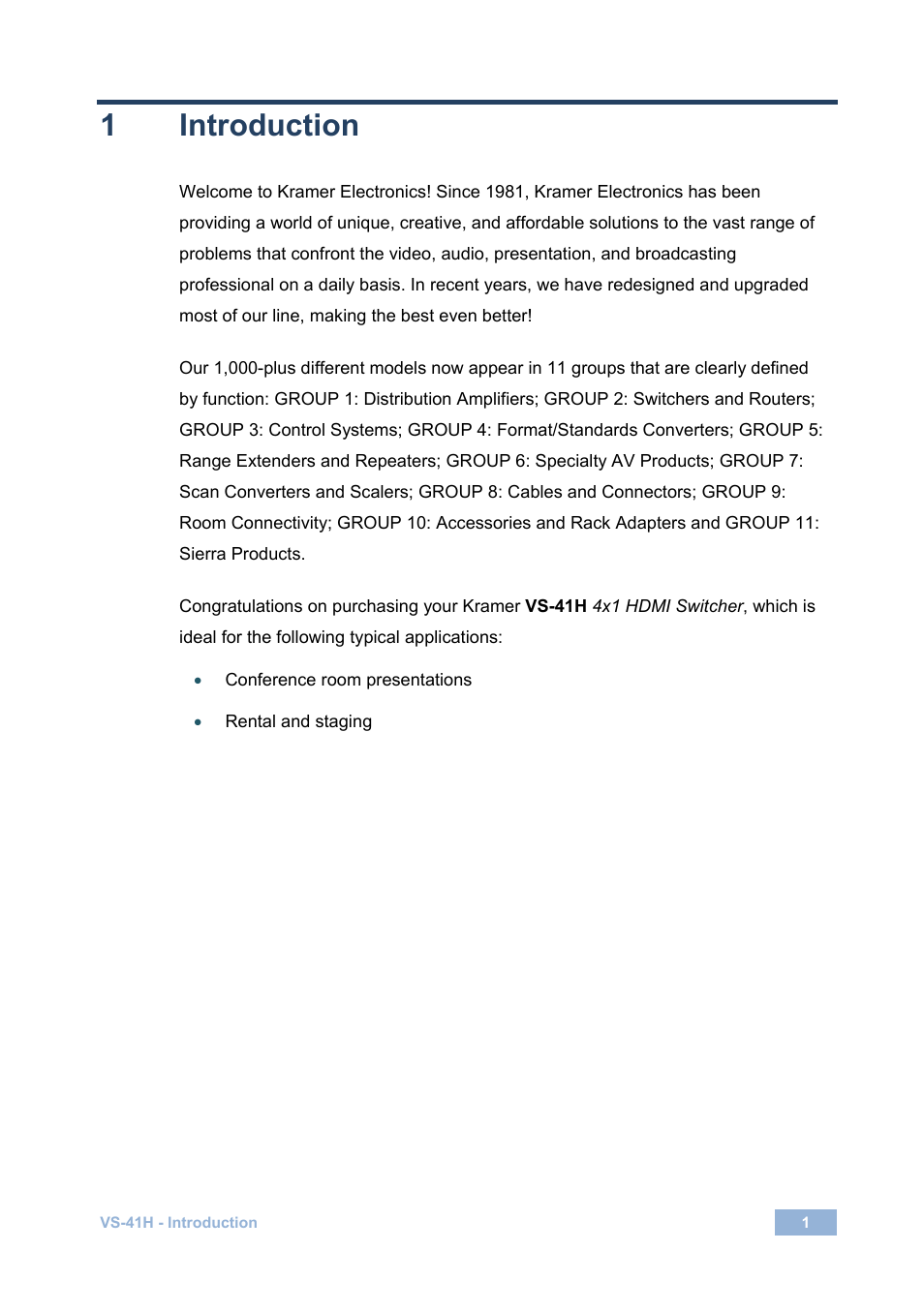 1 introduction, Introduction | Kramer Electronics VS-41H User Manual | Page 4 / 25