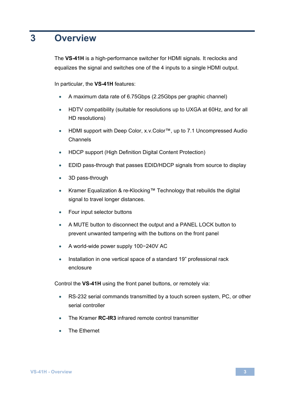 3 overview, Overview | Kramer Electronics VS-41H User Manual | Page 6 / 25