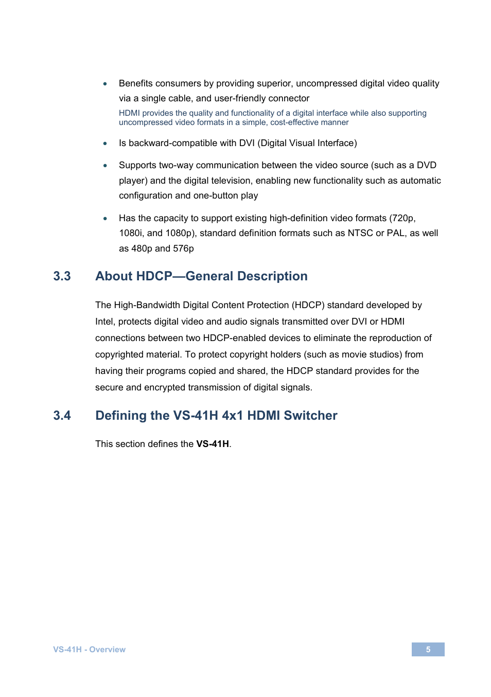 3 about hdcp—general description, 4 defining the vs-41h 4x1 hdmi switcher, About hdcp—general description | Defining the vs-41h 4x1 hdmi switcher | Kramer Electronics VS-41H User Manual | Page 8 / 25