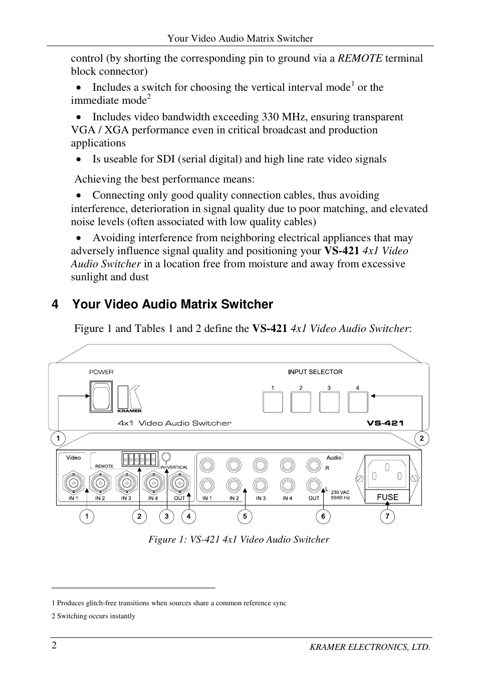 4 your video audio matrix switcher | Kramer Electronics VS-421 User Manual | Page 4 / 8