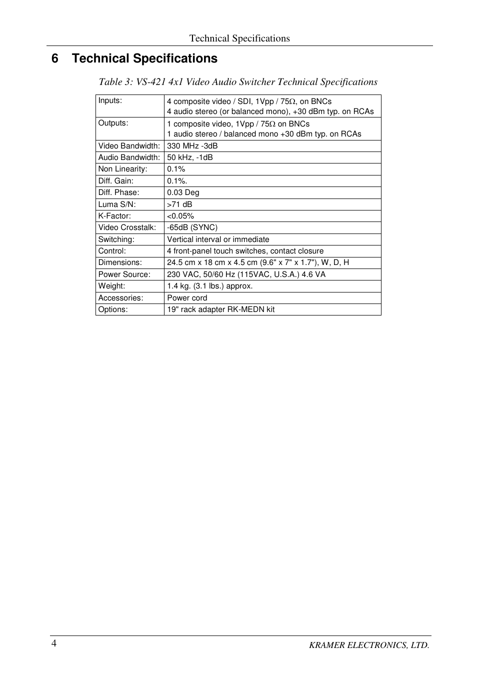 6 technical specifications, Technical specifications | Kramer Electronics VS-421 User Manual | Page 6 / 8