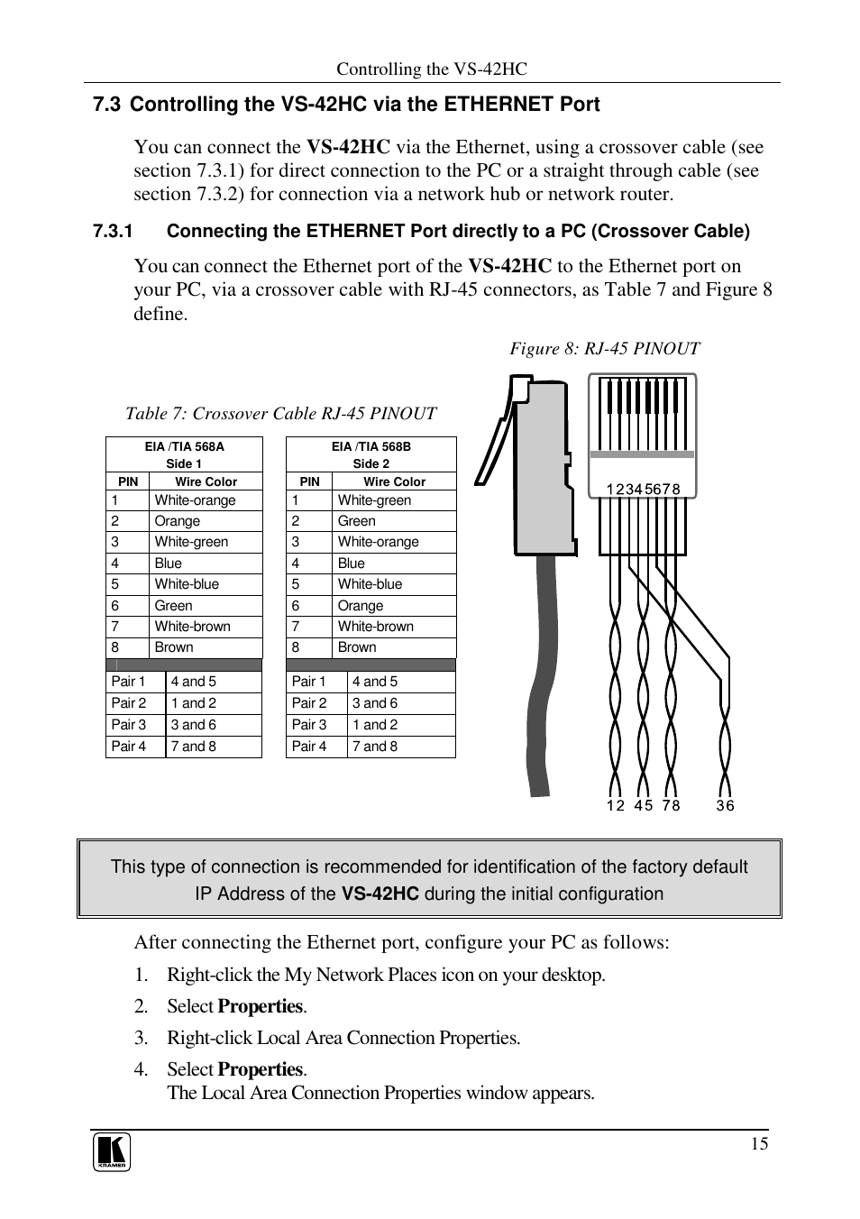 Controlling the vs-42hc, Table 7: crossover cable rj-45 pinout, Figure 8: rj-45 pinout | Kramer Electronics VS-42HC User Manual | Page 18 / 39