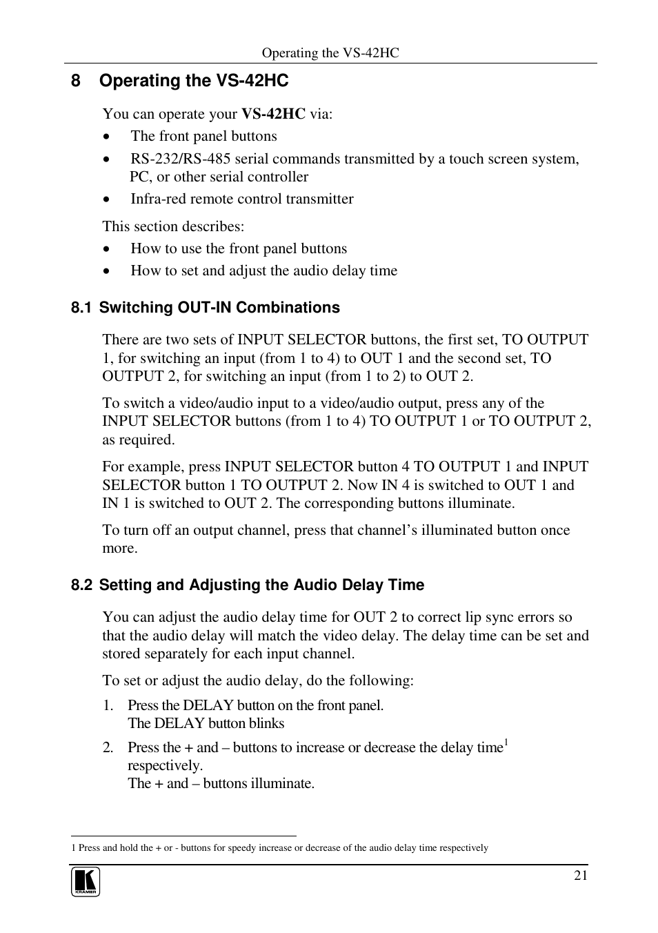 8 operating the vs-42hc | Kramer Electronics VS-42HC User Manual | Page 24 / 39