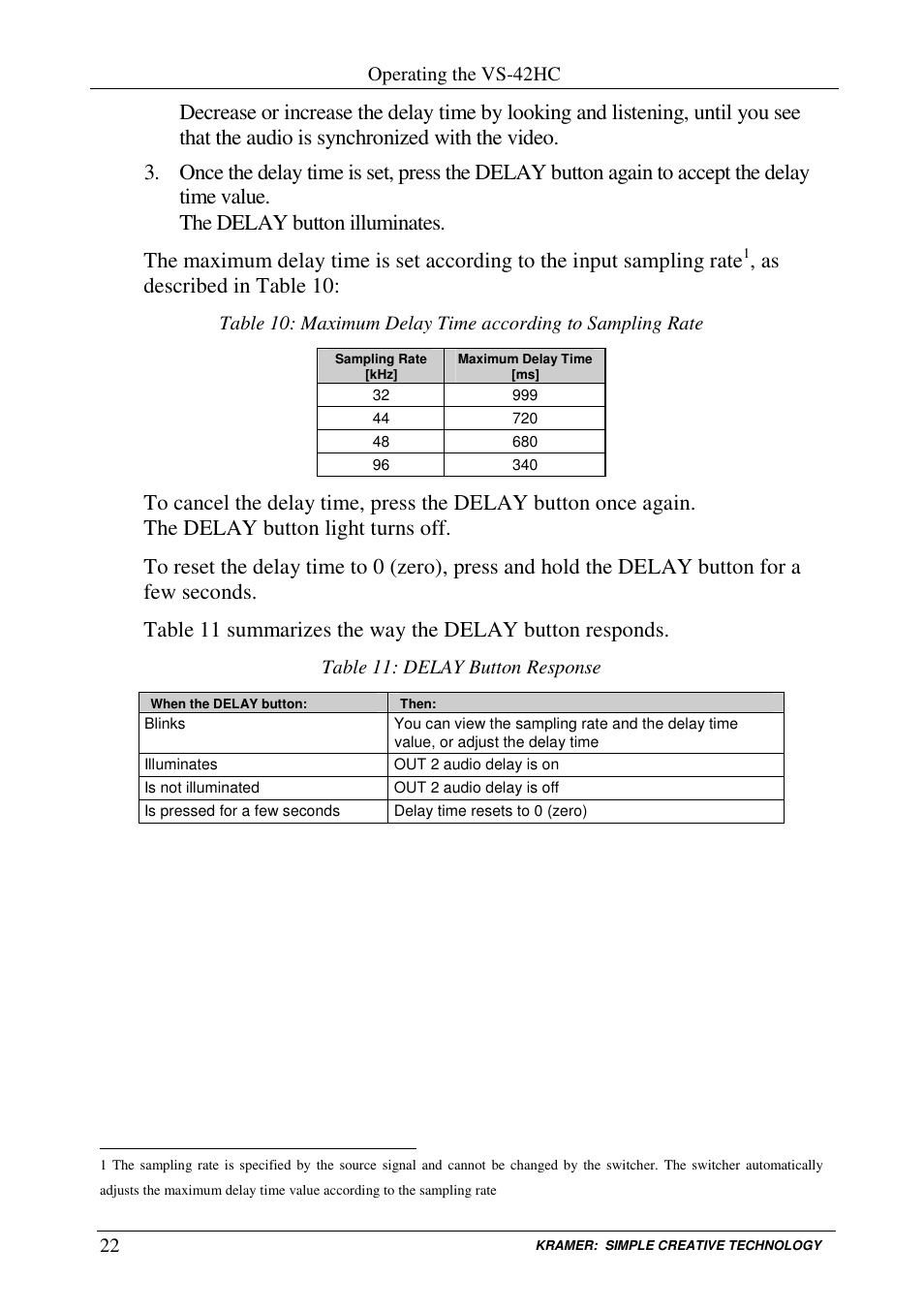 As described in table 10 | Kramer Electronics VS-42HC User Manual | Page 25 / 39