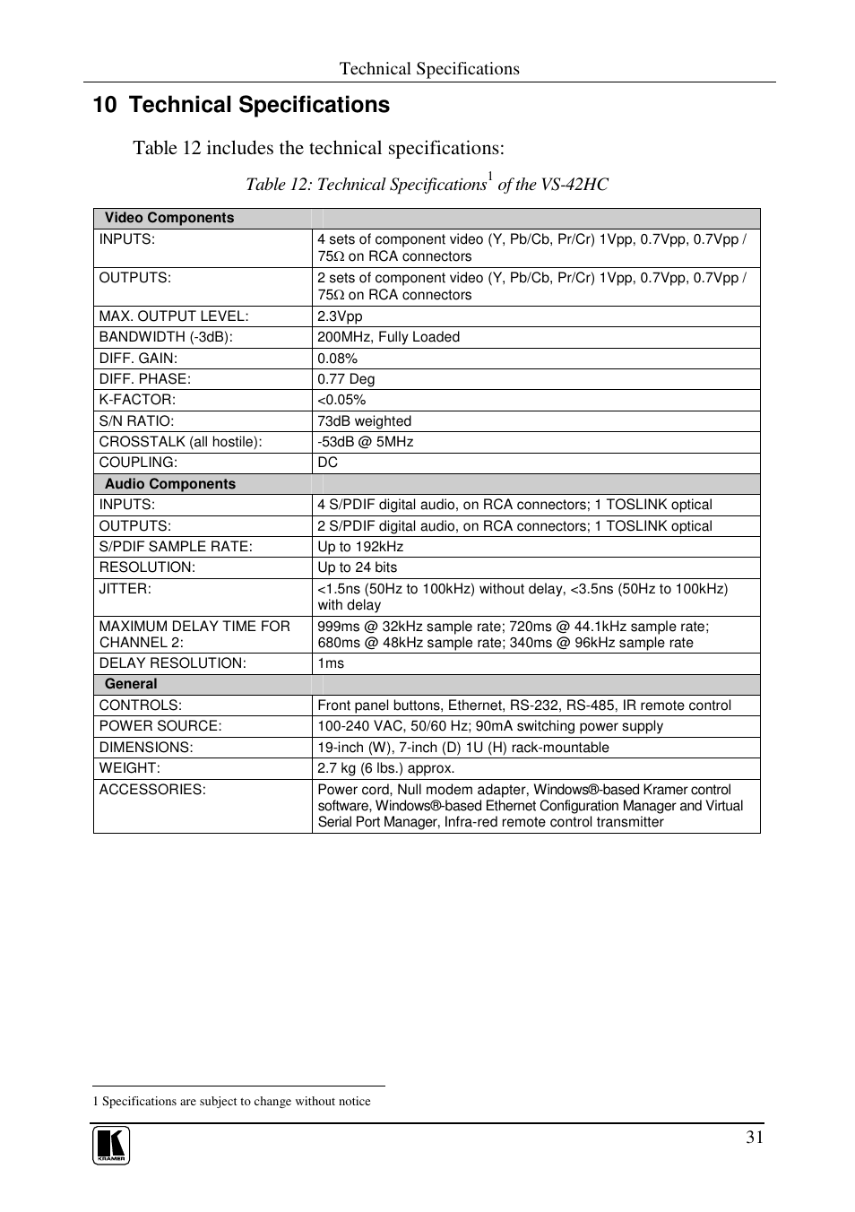 10 technical specifications, Table 12 includes the technical specifications, Technical specifications | Table 12: technical specifications, Of the vs-42hc | Kramer Electronics VS-42HC User Manual | Page 34 / 39