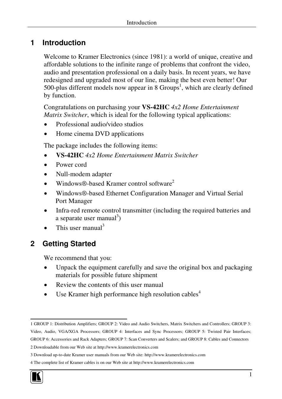 1 introduction, 2 getting started | Kramer Electronics VS-42HC User Manual | Page 4 / 39