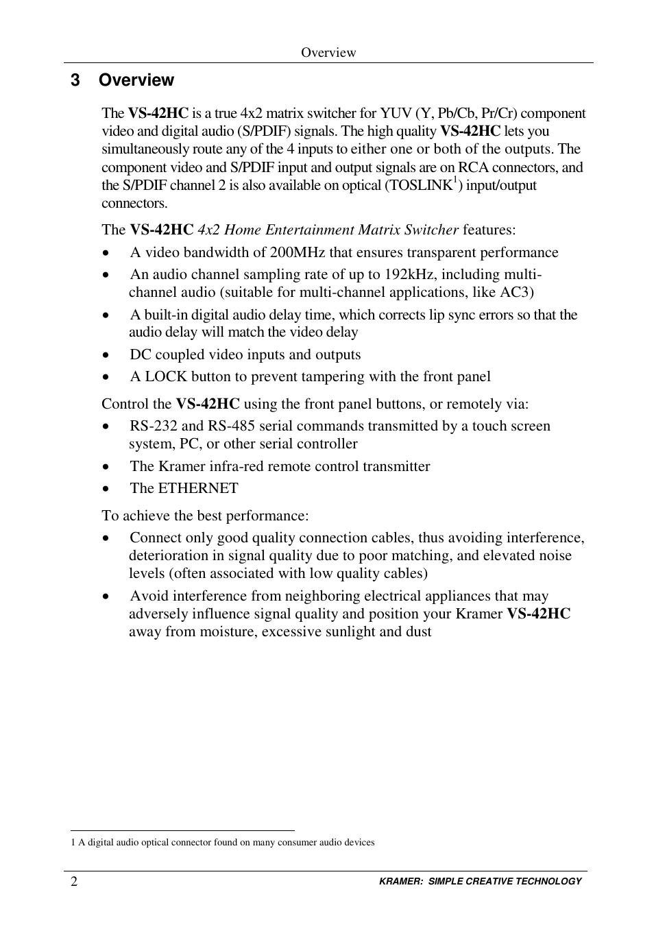 3 overview | Kramer Electronics VS-42HC User Manual | Page 5 / 39