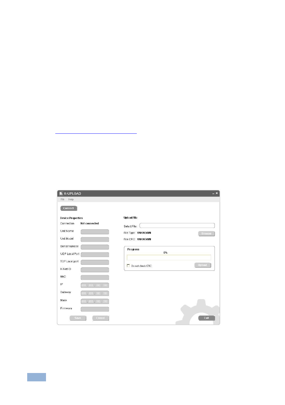 6 configuring the ethernet port initially, Configuring the ethernet port initially, Figure 8: k-upload main screen | Section | Kramer Electronics VS-44FO User Manual | Page 21 / 43