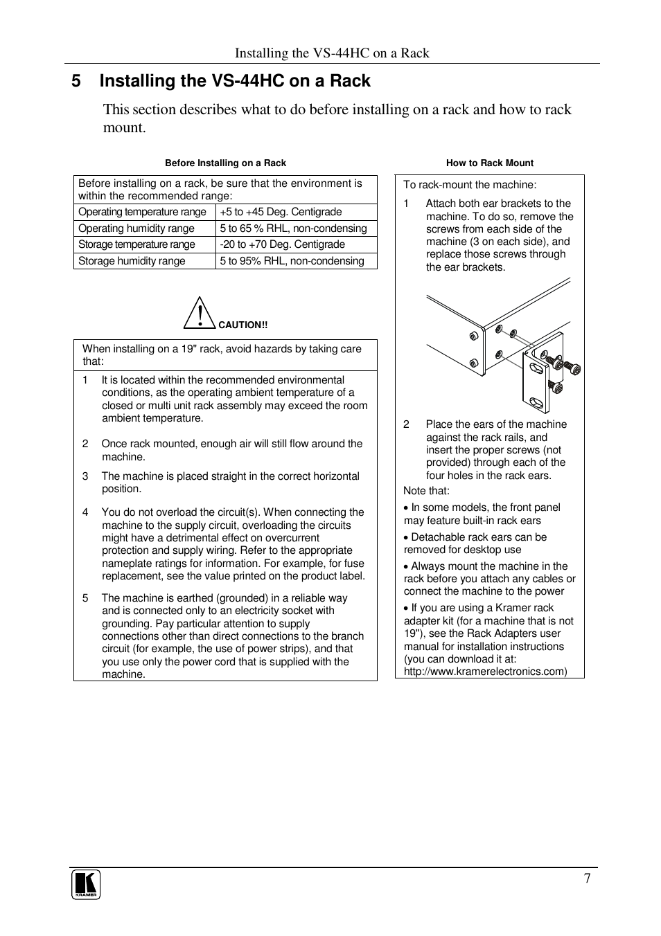 5 installing the vs-44hc on a rack, Installing the vs-44hc on a rack | Kramer Electronics VS-44HC User Manual | Page 11 / 49