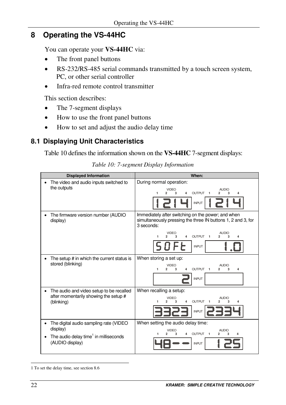 8 operating the vs-44hc, Operating the vs-44hc, Table 10: 7-segment display information | Kramer Electronics VS-44HC User Manual | Page 26 / 49