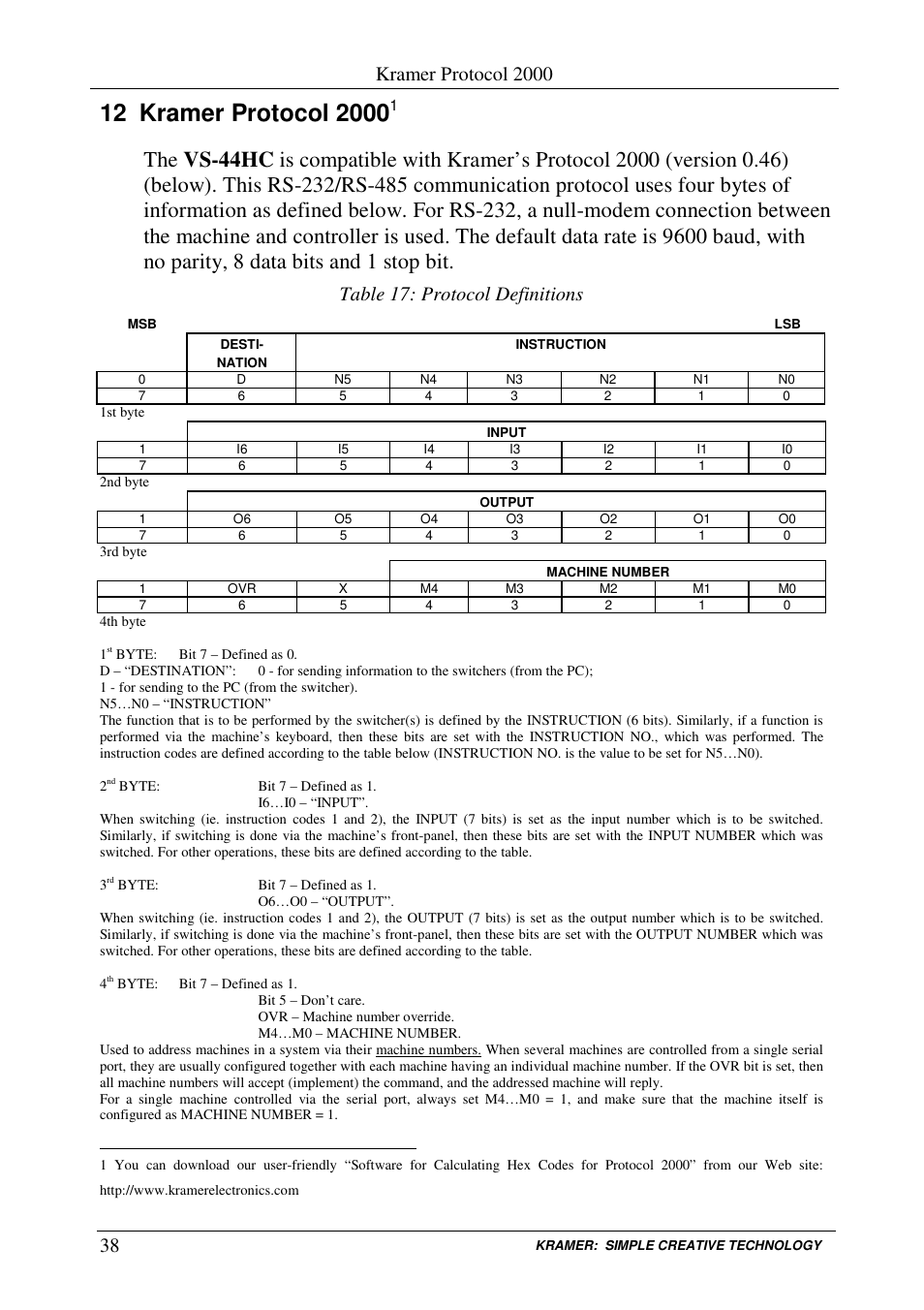 Kramer protocol 2000, Table 17: protocol definitions | Kramer Electronics VS-44HC User Manual | Page 42 / 49
