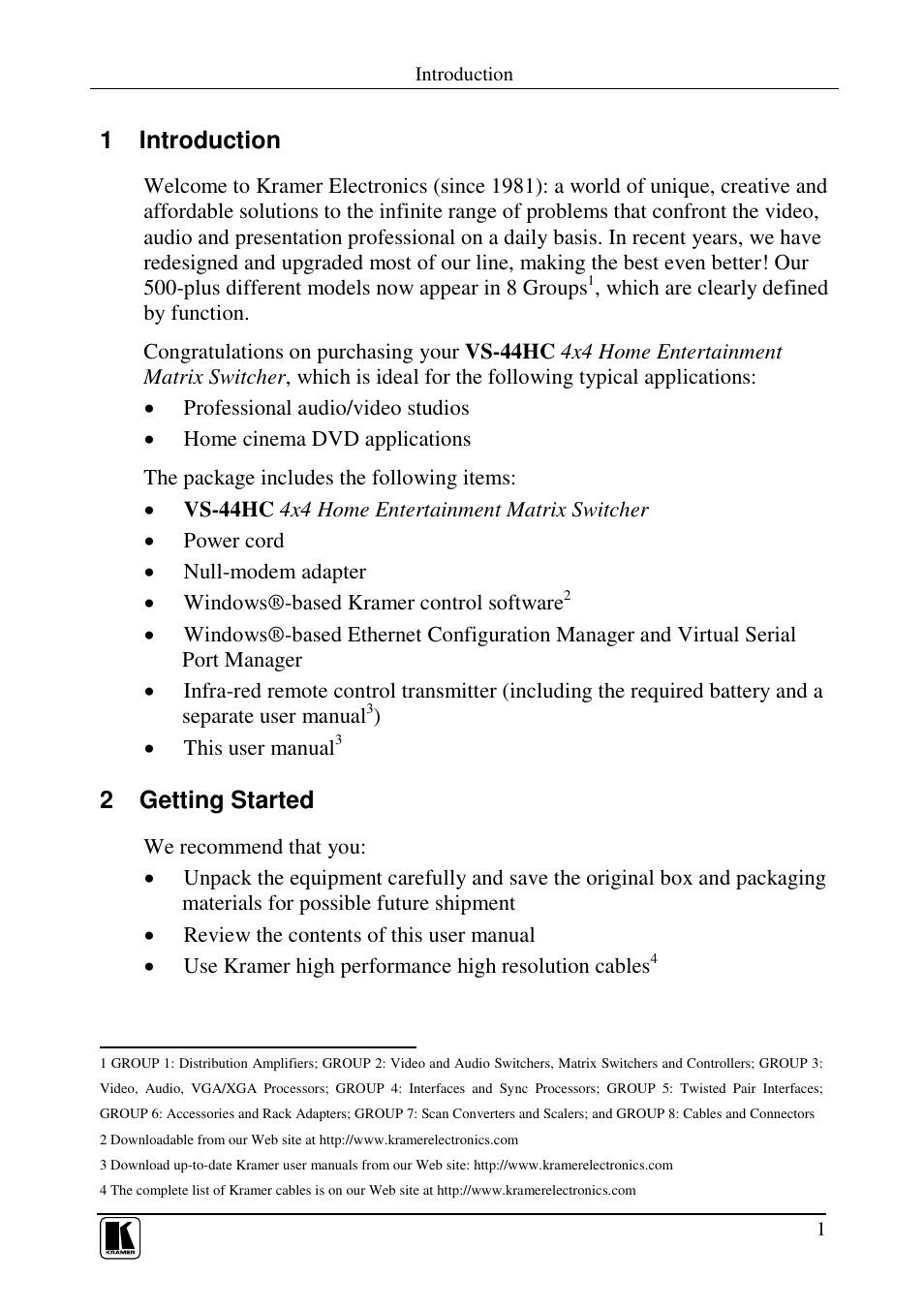 1 introduction, 2 getting started | Kramer Electronics VS-44HC User Manual | Page 5 / 49