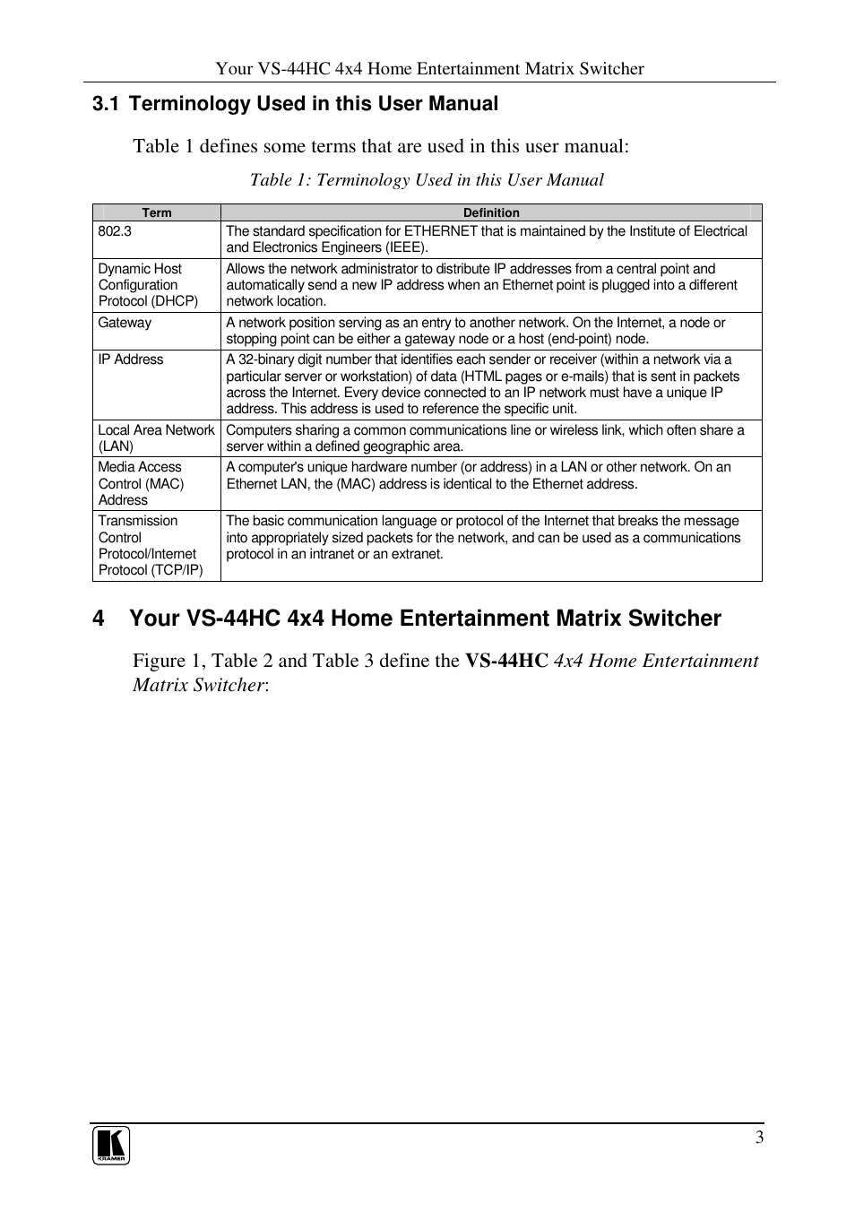 Table 1: terminology used in this user manual | Kramer Electronics VS-44HC User Manual | Page 7 / 49