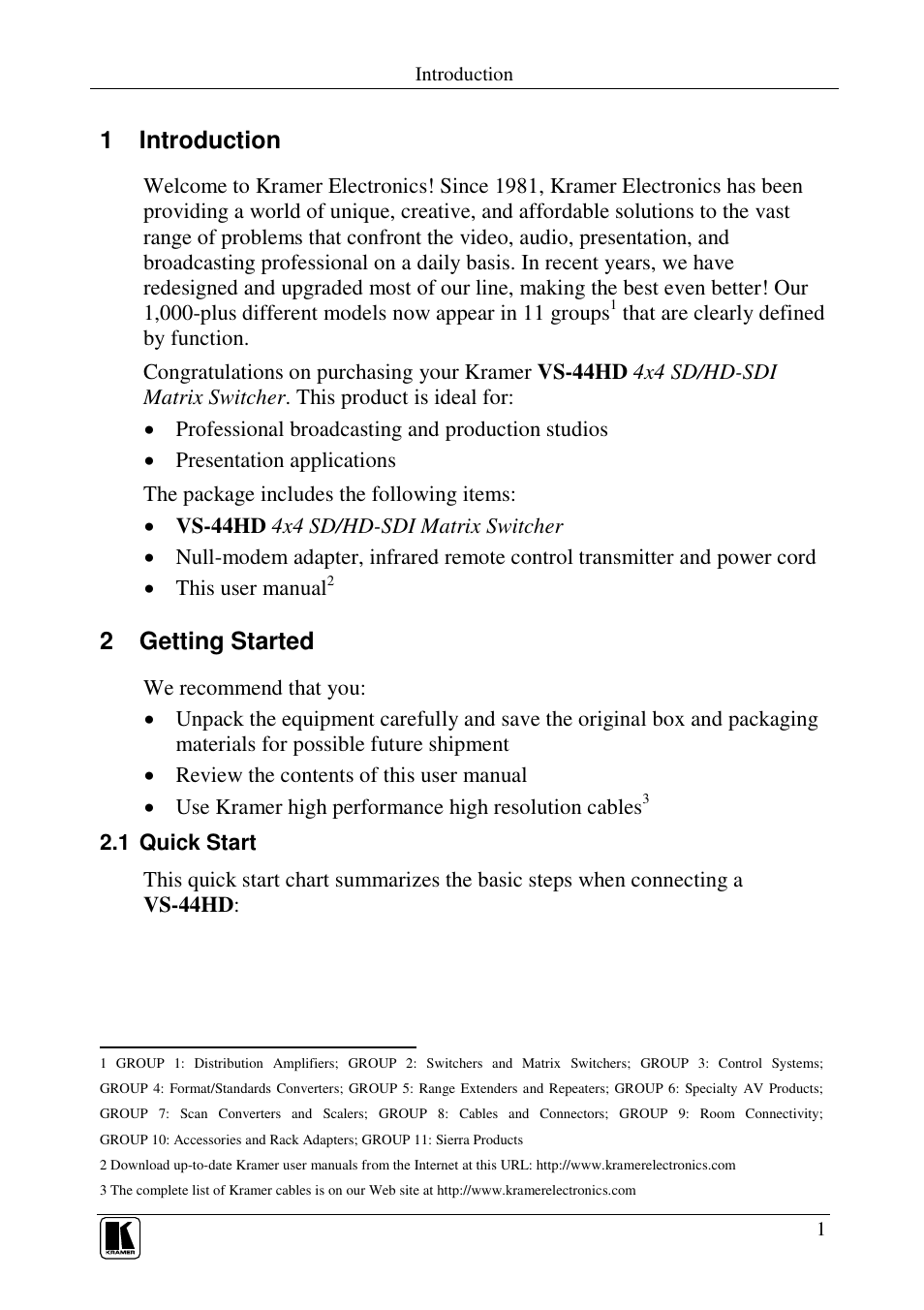 1 introduction, 2 getting started | Kramer Electronics VS-44HD User Manual | Page 4 / 32