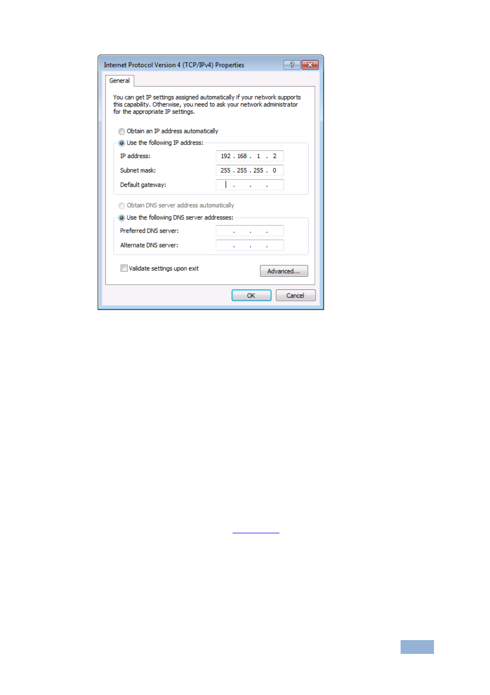 3 control configuration via the ethernet port, Figure 8: internet protocol properties window | Kramer Electronics VS-44HDCP User Manual | Page 22 / 37