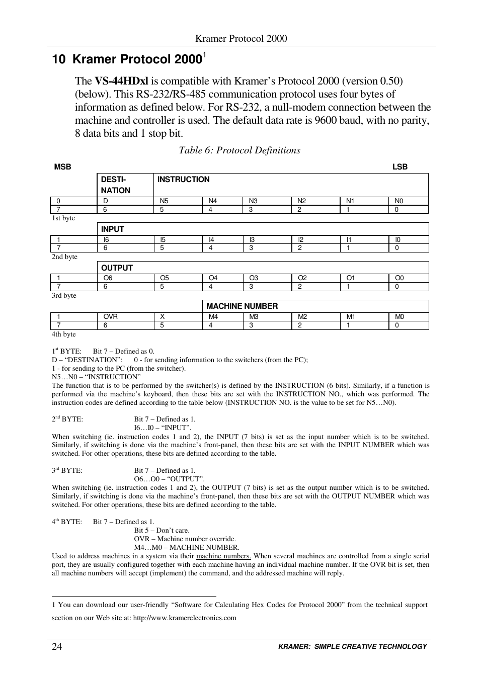 Kramer protocol 2000, Table 6: protocol definitions | Kramer Electronics VS-44HDxl User Manual | Page 27 / 31