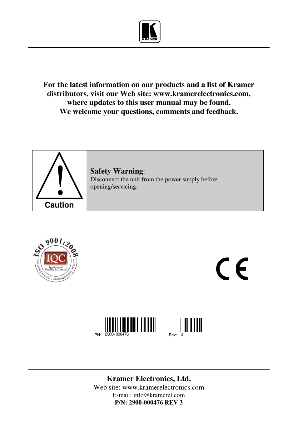 Kramer electronics, ltd, Caution, Safety warning | Kramer Electronics VS-44HDxl User Manual | Page 31 / 31