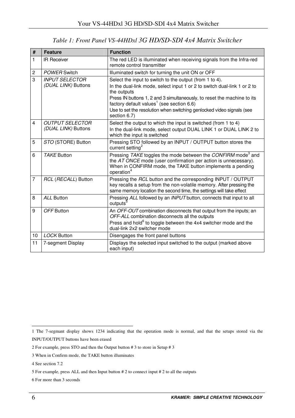 3g hd/sd-sdi 4x4 matrix switcher, 6table 1: front panel vs-44hdxl | Kramer Electronics VS-44HDxl User Manual | Page 9 / 31