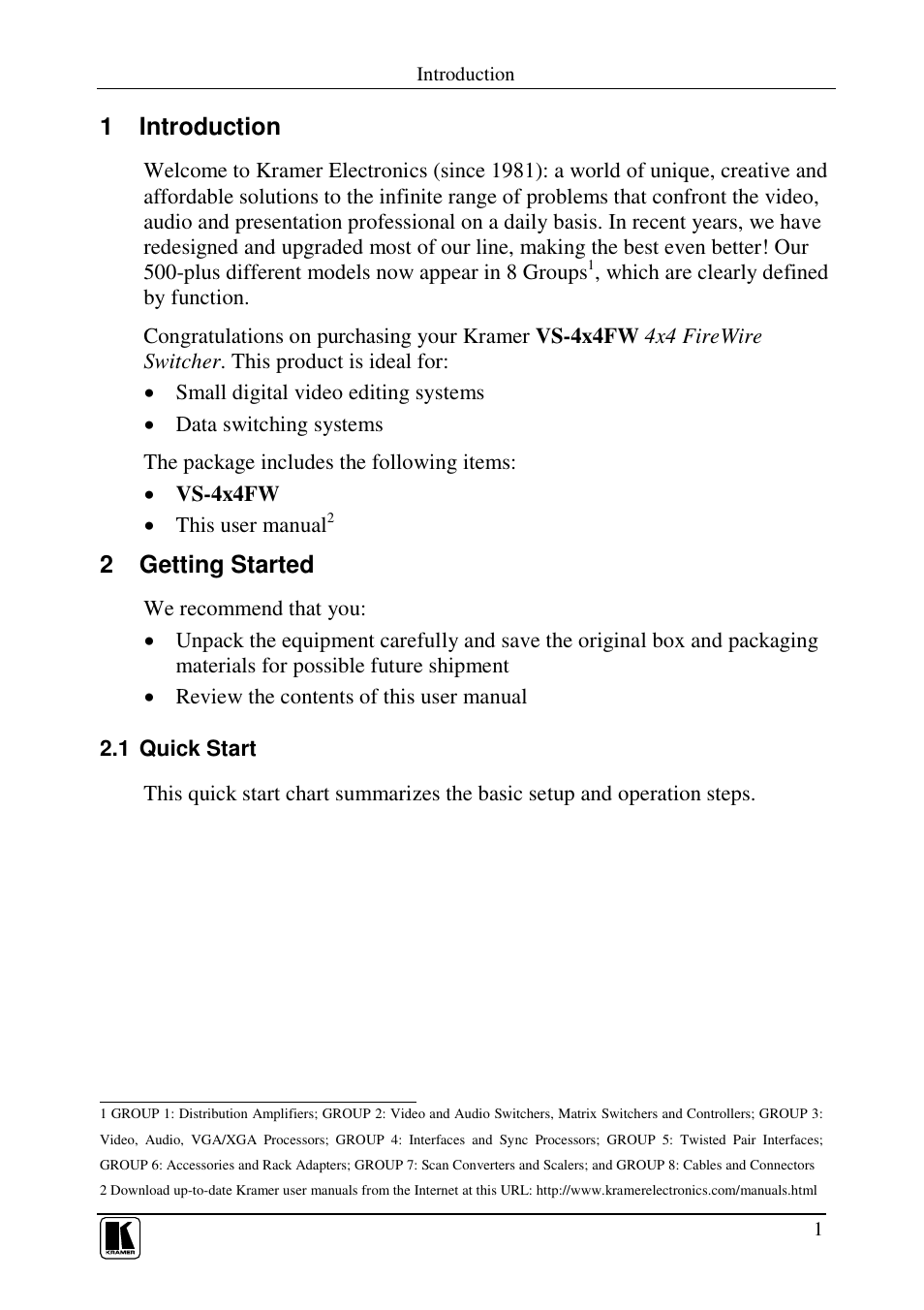 1 introduction, 2 getting started | Kramer Electronics VS-4x4FW User Manual | Page 3 / 10