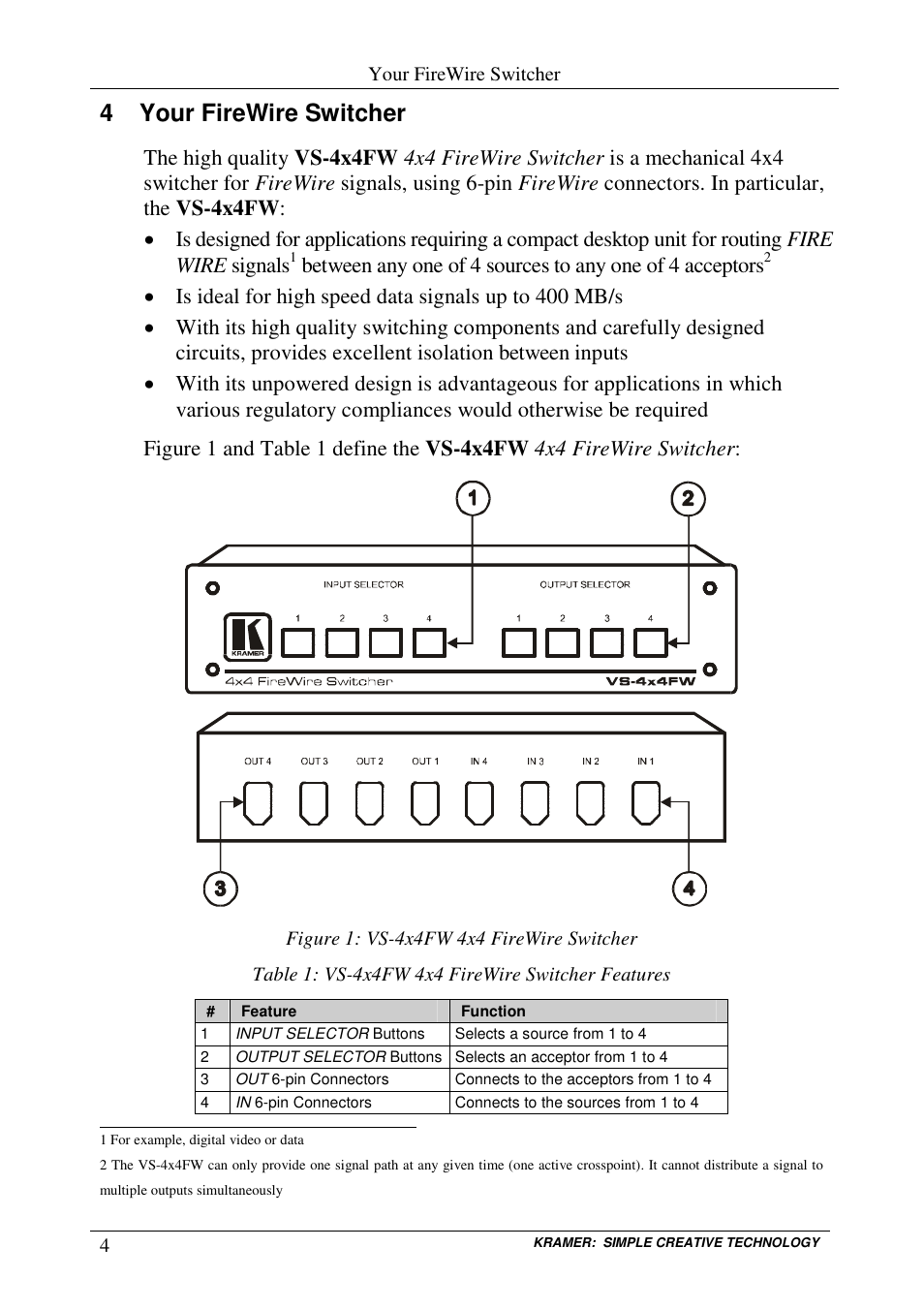 4 your firewire switcher | Kramer Electronics VS-4x4FW User Manual | Page 6 / 10