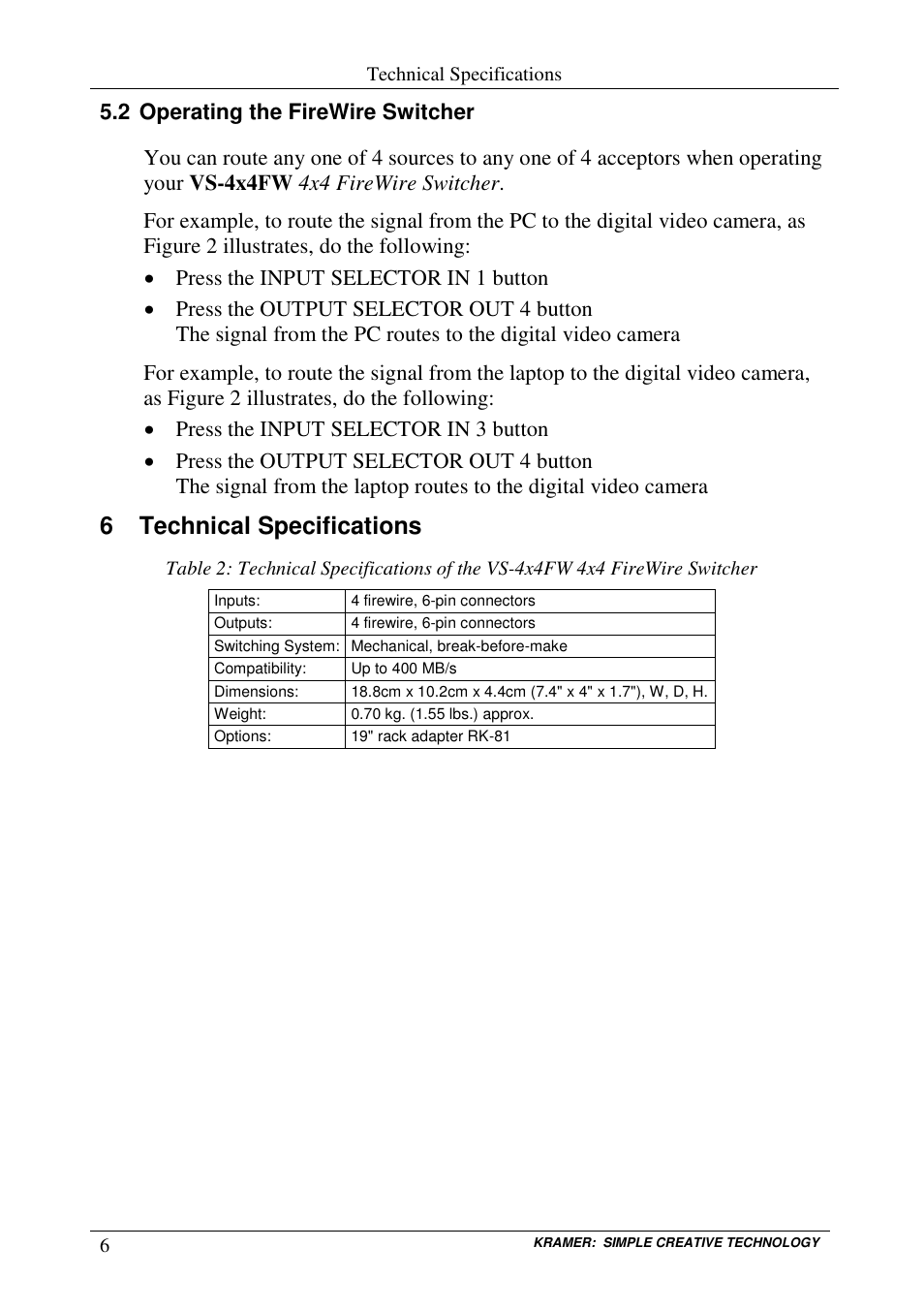 6 technical specifications | Kramer Electronics VS-4x4FW User Manual | Page 8 / 10