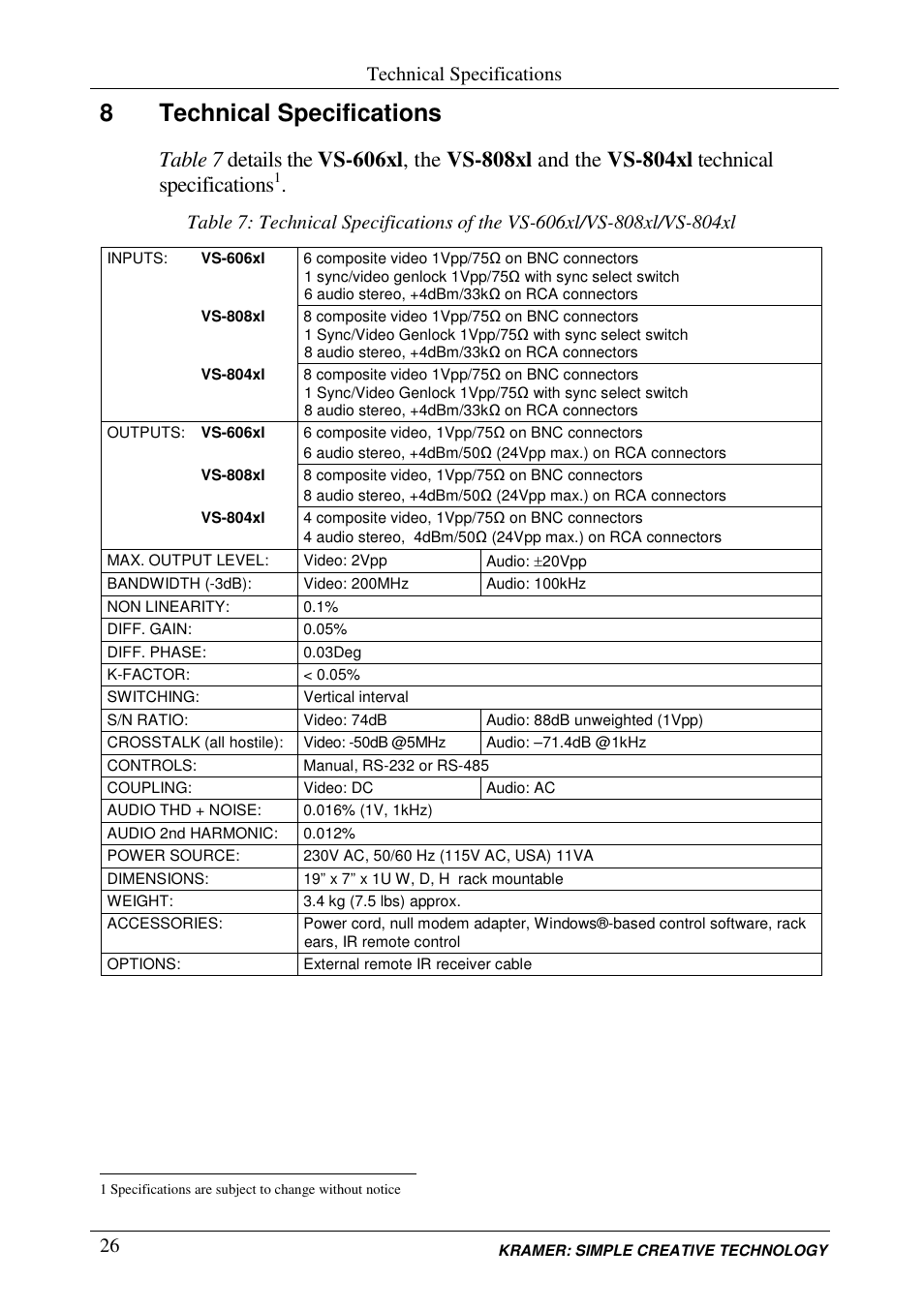 8technical specifications, Technical specifications | Kramer Electronics VS-848 User Manual | Page 29 / 39