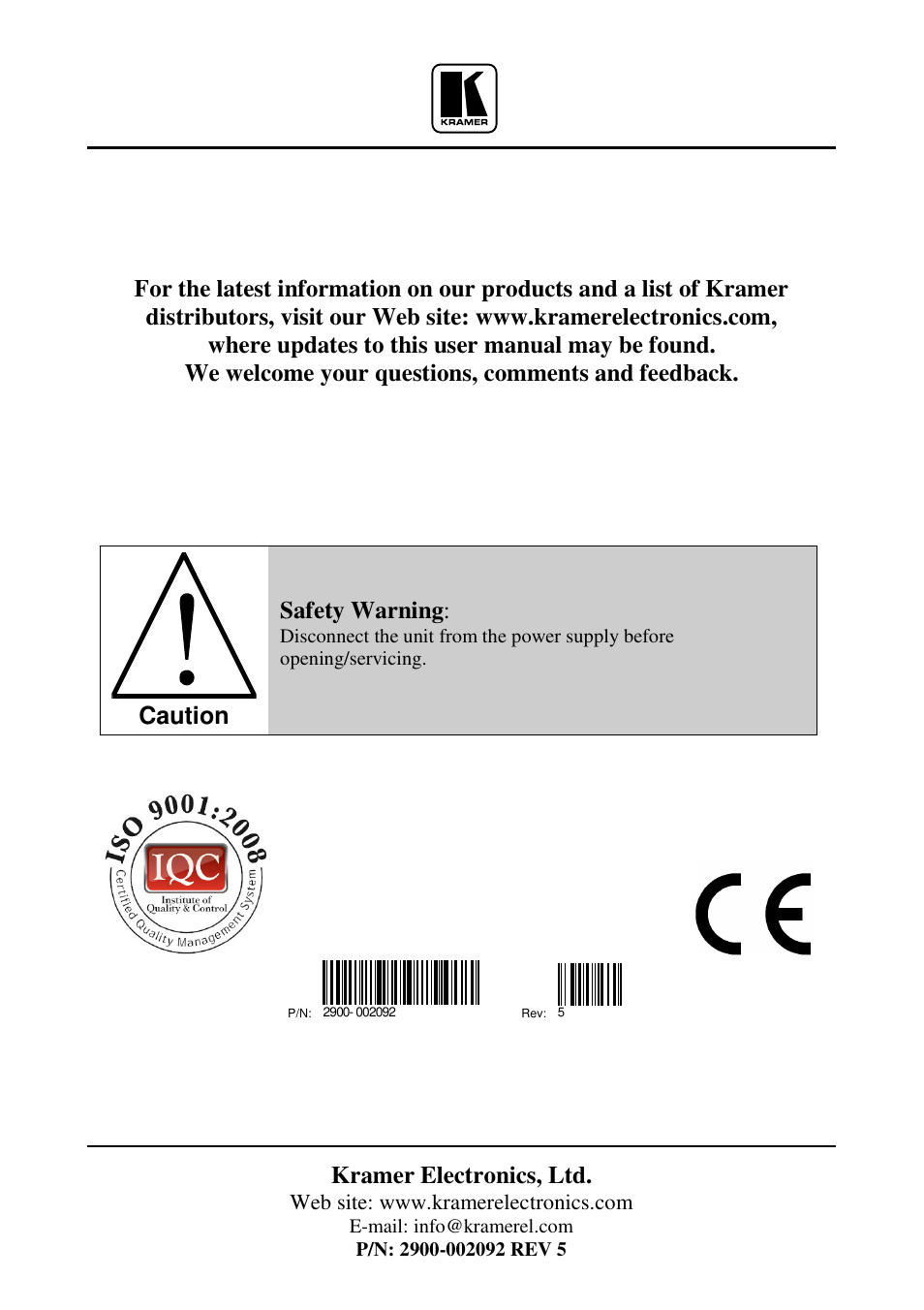 Kramer electronics, ltd, Caution, Safety warning | Kramer Electronics VS-848 User Manual | Page 39 / 39