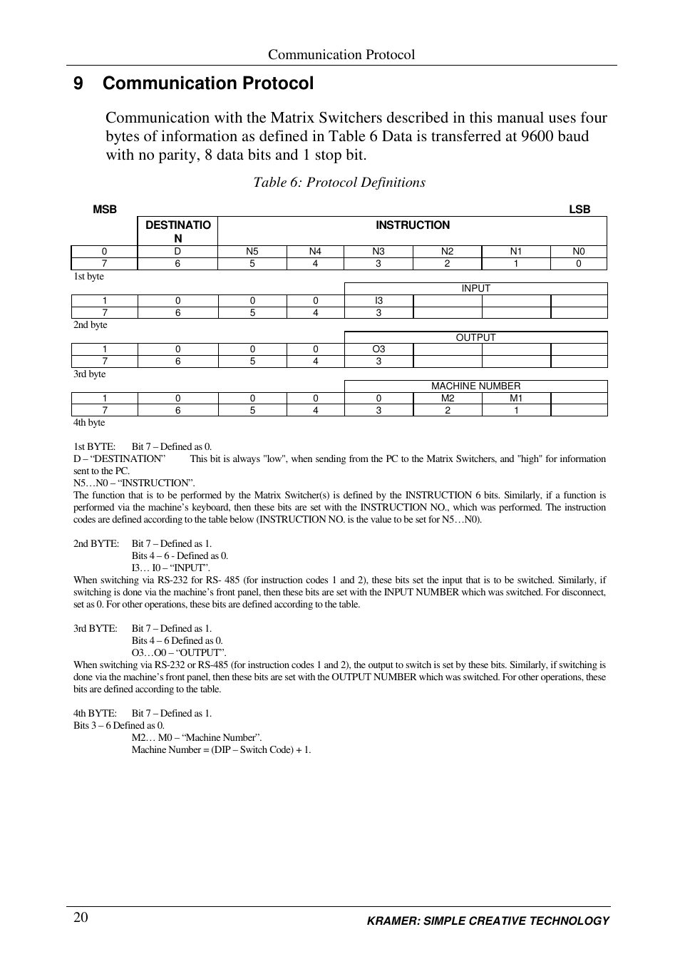 9 communication protocol, Communication protocol, Table 6: protocol definitions | Kramer Electronics VS-626 User Manual | Page 23 / 28