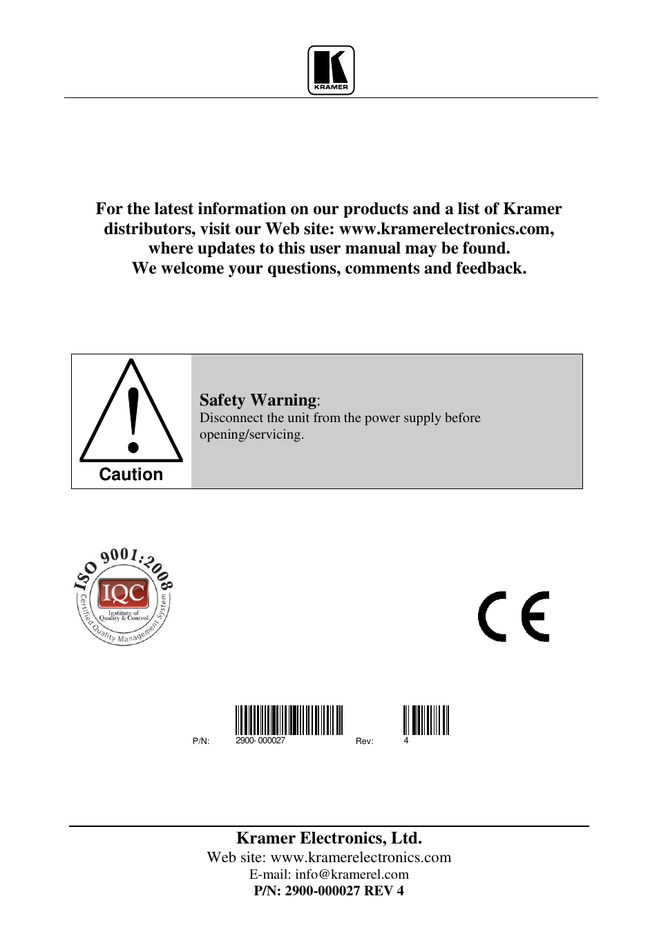 Kramer electronics, ltd, Caution, Safety warning | Kramer Electronics VS-626 User Manual | Page 28 / 28