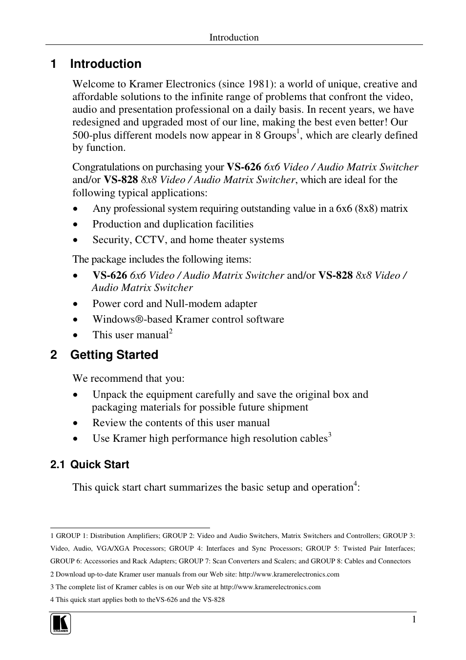 1 introduction, 2 getting started | Kramer Electronics VS-626 User Manual | Page 4 / 28
