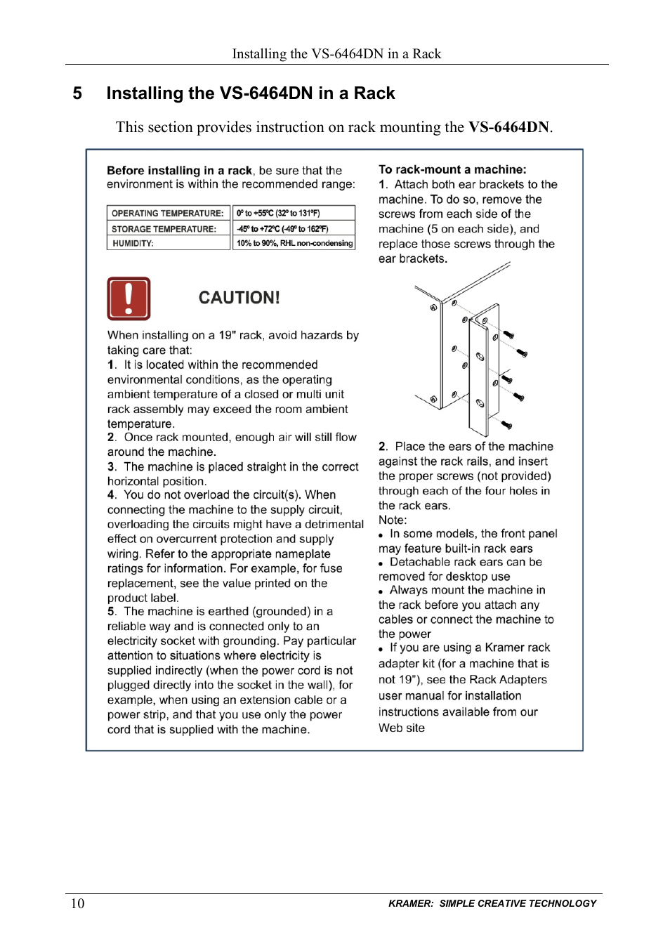 5 installing the vs-6464dn in a rack, Installing the vs-6464dn in a rack | Kramer Electronics VS-6464DN User Manual | Page 14 / 48