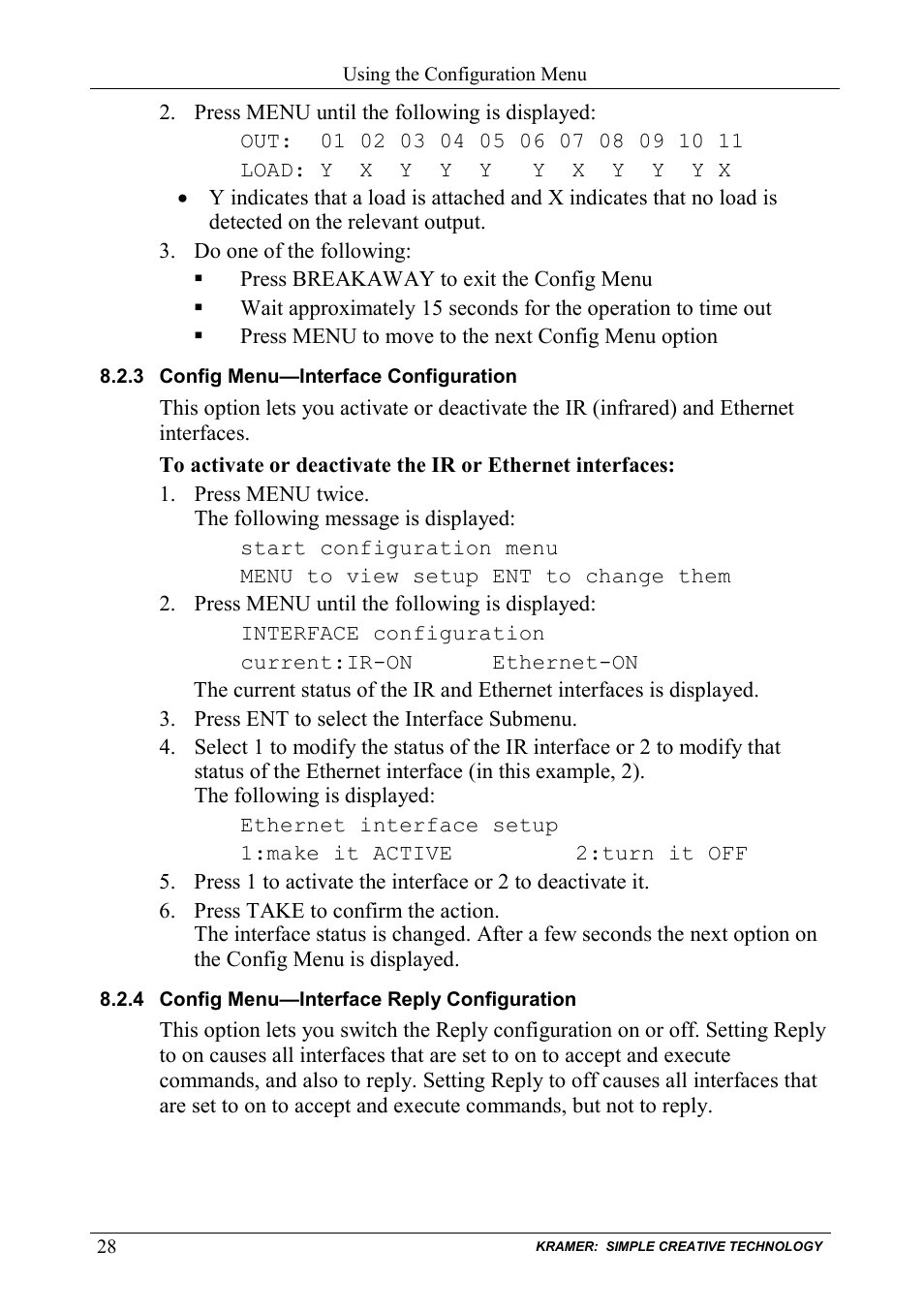 3 config menu—interface configuration, 4 config menu—interface reply configuration, Config menu—interface configuration | Config menu—interface reply configuration, N 8.2.3 | Kramer Electronics VS-6464DN User Manual | Page 32 / 48