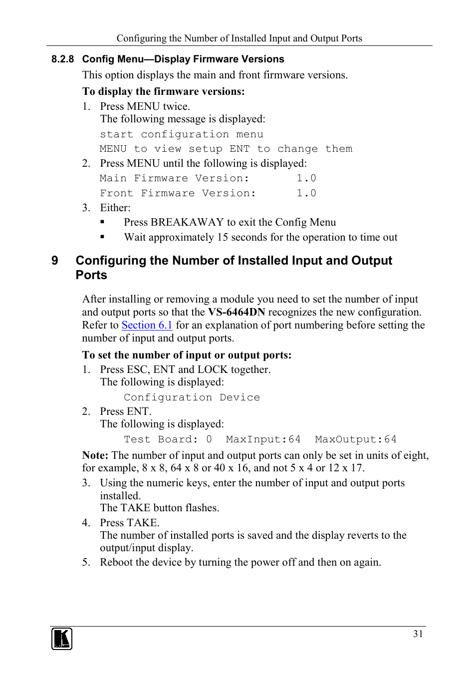 8 config menu—display firmware versions, Config menu—display firmware versions | Kramer Electronics VS-6464DN User Manual | Page 35 / 48