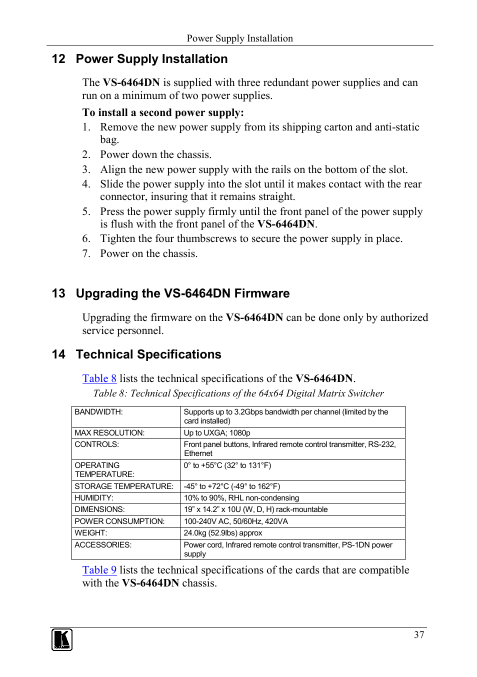 12 power supply installation, 13 upgrading the vs-6464dn firmware, 14 technical specifications | Power supply installation, Upgrading the vs-6464dn firmware, Technical specifications, N 13 | Kramer Electronics VS-6464DN User Manual | Page 41 / 48