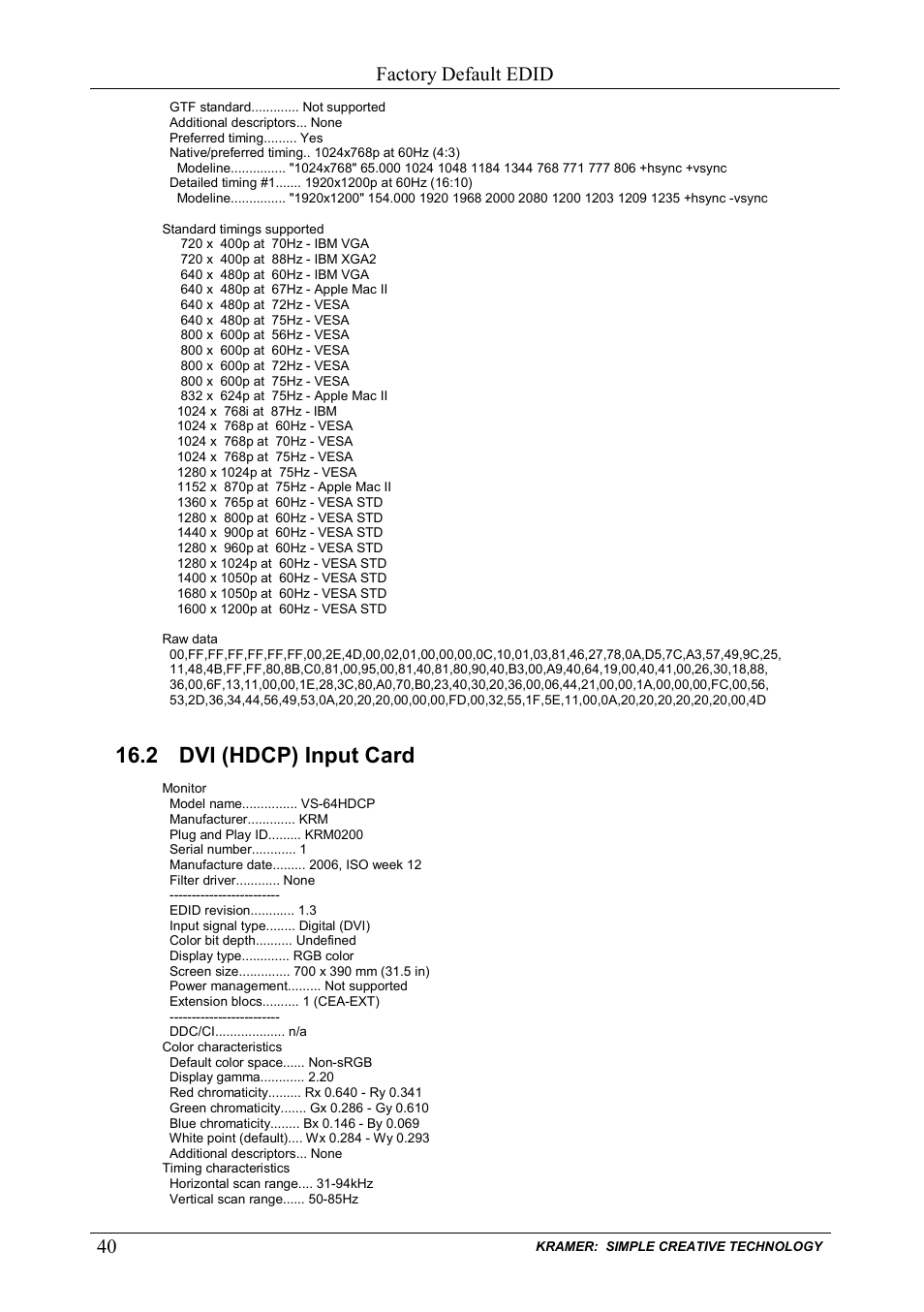 2 dvi (hdcp) input card, Dvi (hdcp) input card, Factory default edid | Kramer Electronics VS-6464DN User Manual | Page 44 / 48
