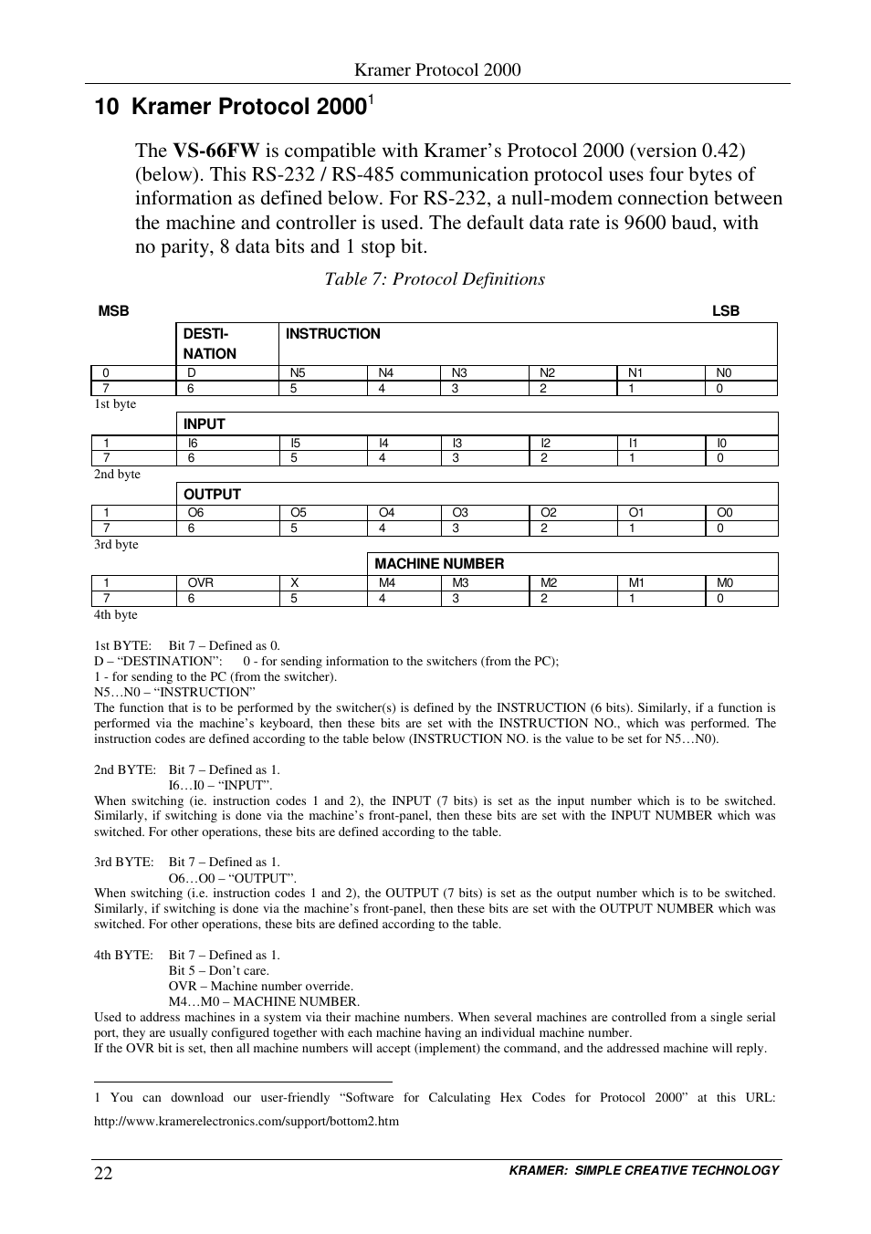 Kramer protocol 2000, Table 7: protocol definitions | Kramer Electronics VS-66FW User Manual | Page 26 / 31