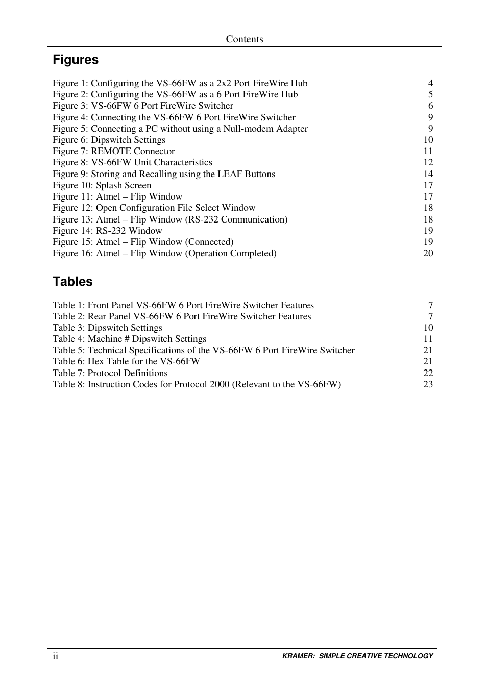 Figures, Tables | Kramer Electronics VS-66FW User Manual | Page 3 / 31