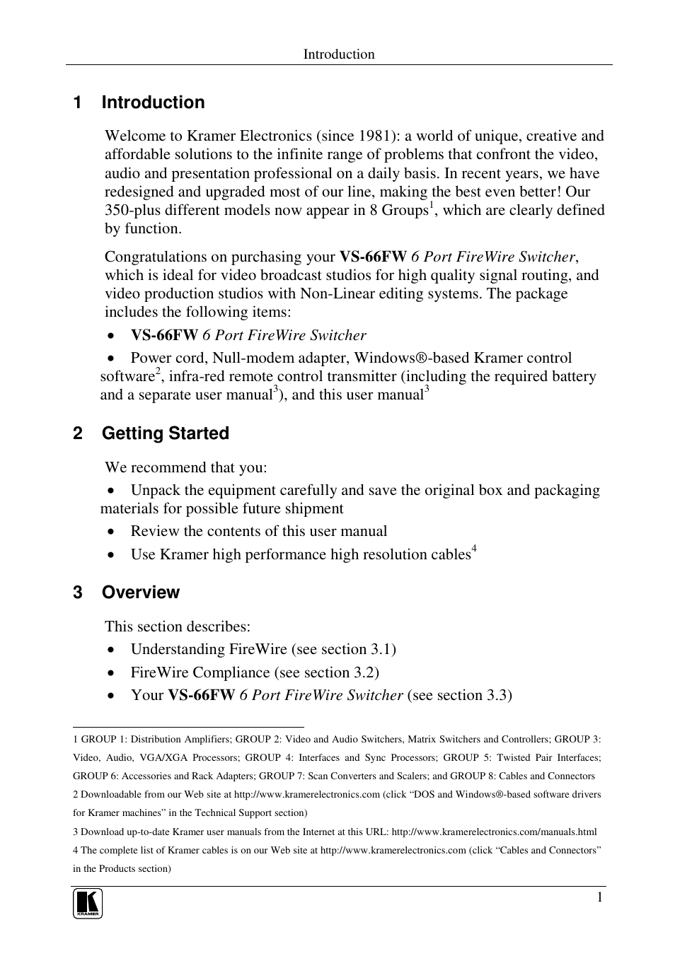 1 introduction, 2 getting started, 3 overview | Kramer Electronics VS-66FW User Manual | Page 5 / 31