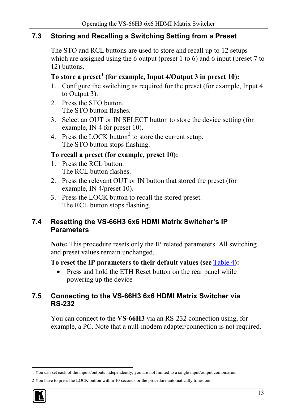 N 7.3, On 7.3, Ection 7.3 | Kramer Electronics VS-66H3 User Manual | Page 16 / 27