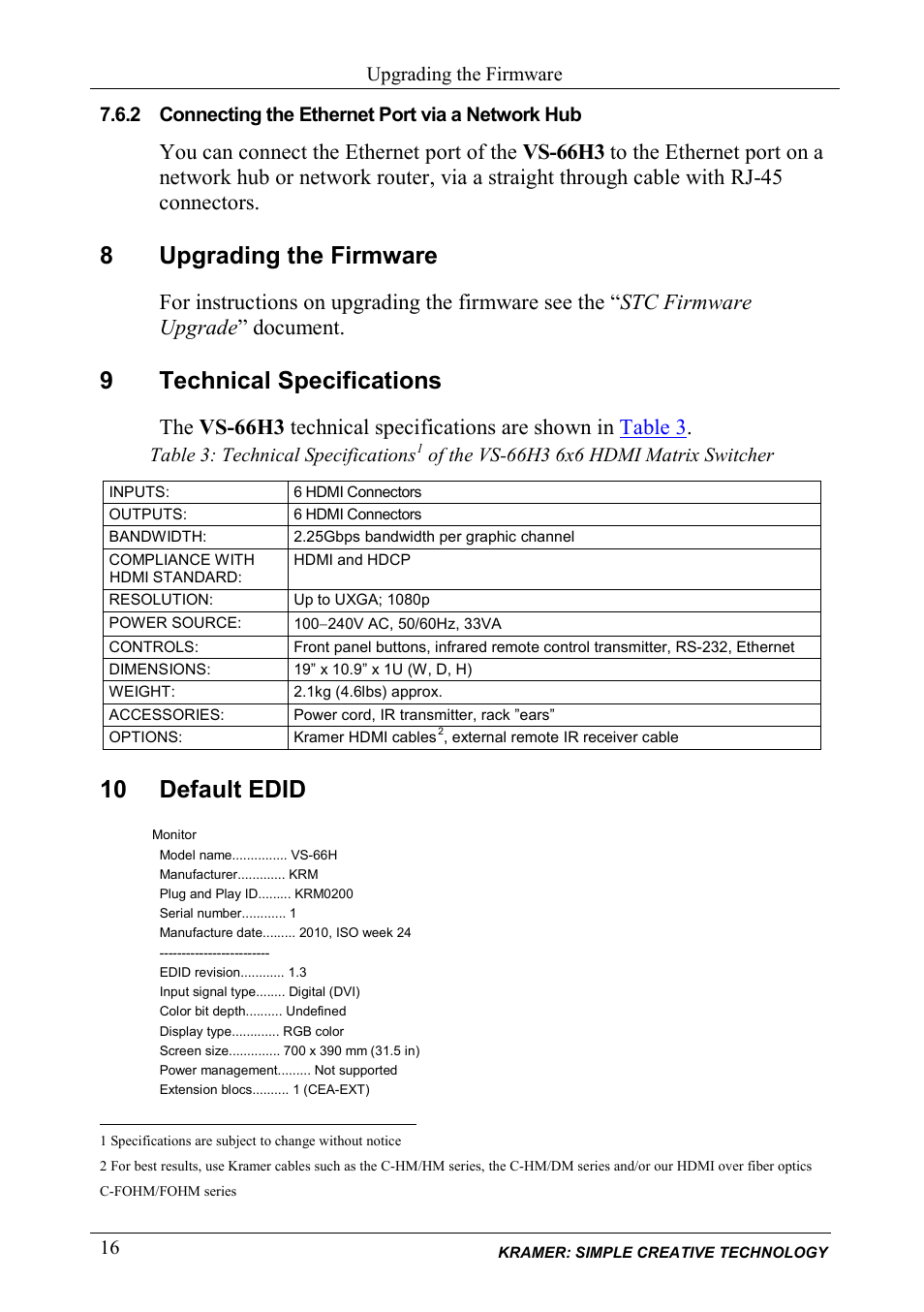 2 connecting the ethernet port via a network hub, 8 upgrading the firmware, 9 technical specifications | 10 default edid, Connecting the ethernet port via a network hub, Upgrading the firmware, Technical specifications, Default edid, 8upgrading the firmware, 9technical specifications | Kramer Electronics VS-66H3 User Manual | Page 19 / 27