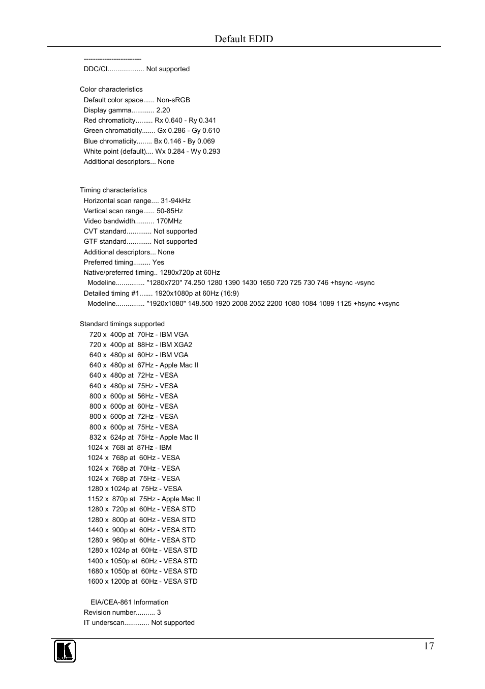 Default edid | Kramer Electronics VS-66H3 User Manual | Page 20 / 27