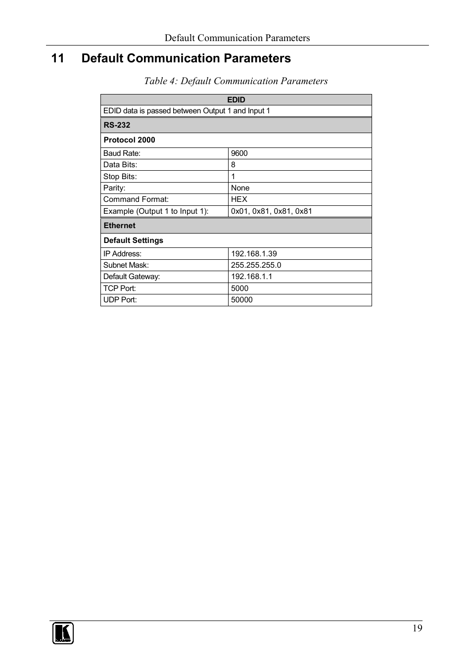 11 default communication parameters, Default communication parameters, Table 4: default communication parameters | Table 4 | Kramer Electronics VS-66H3 User Manual | Page 22 / 27