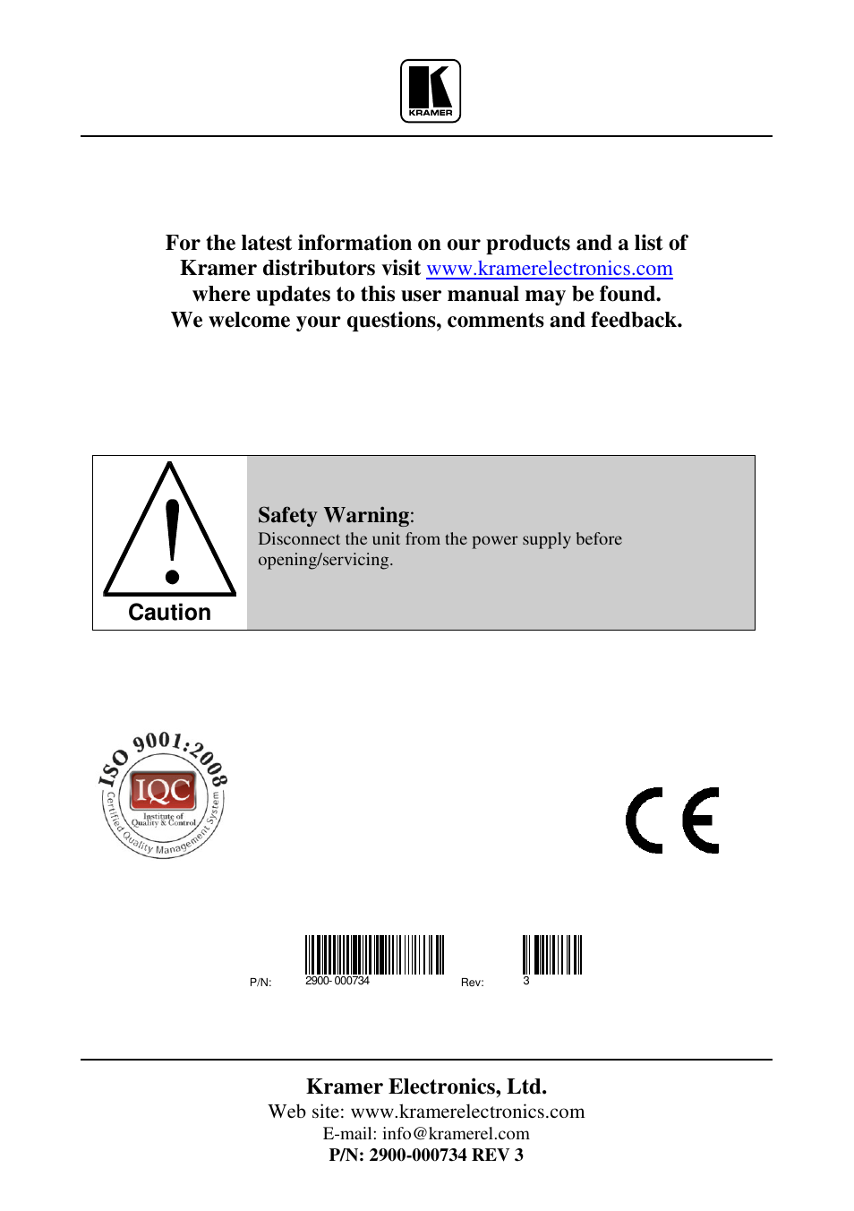 Kramer electronics, ltd, Caution, Safety warning | Kramer Electronics VS-66H3 User Manual | Page 27 / 27