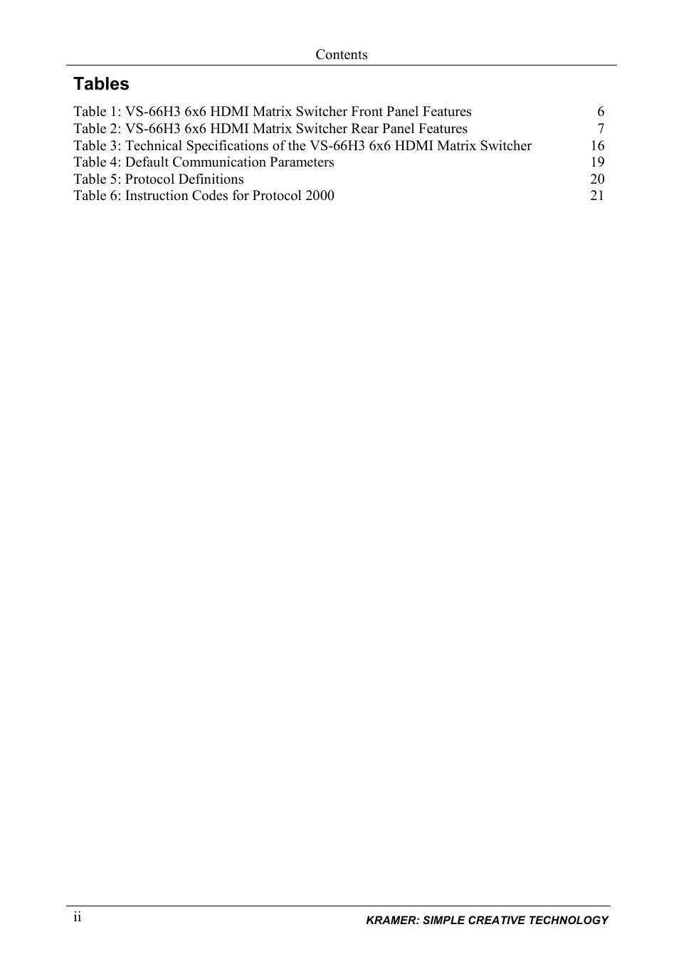 Tables | Kramer Electronics VS-66H3 User Manual | Page 3 / 27