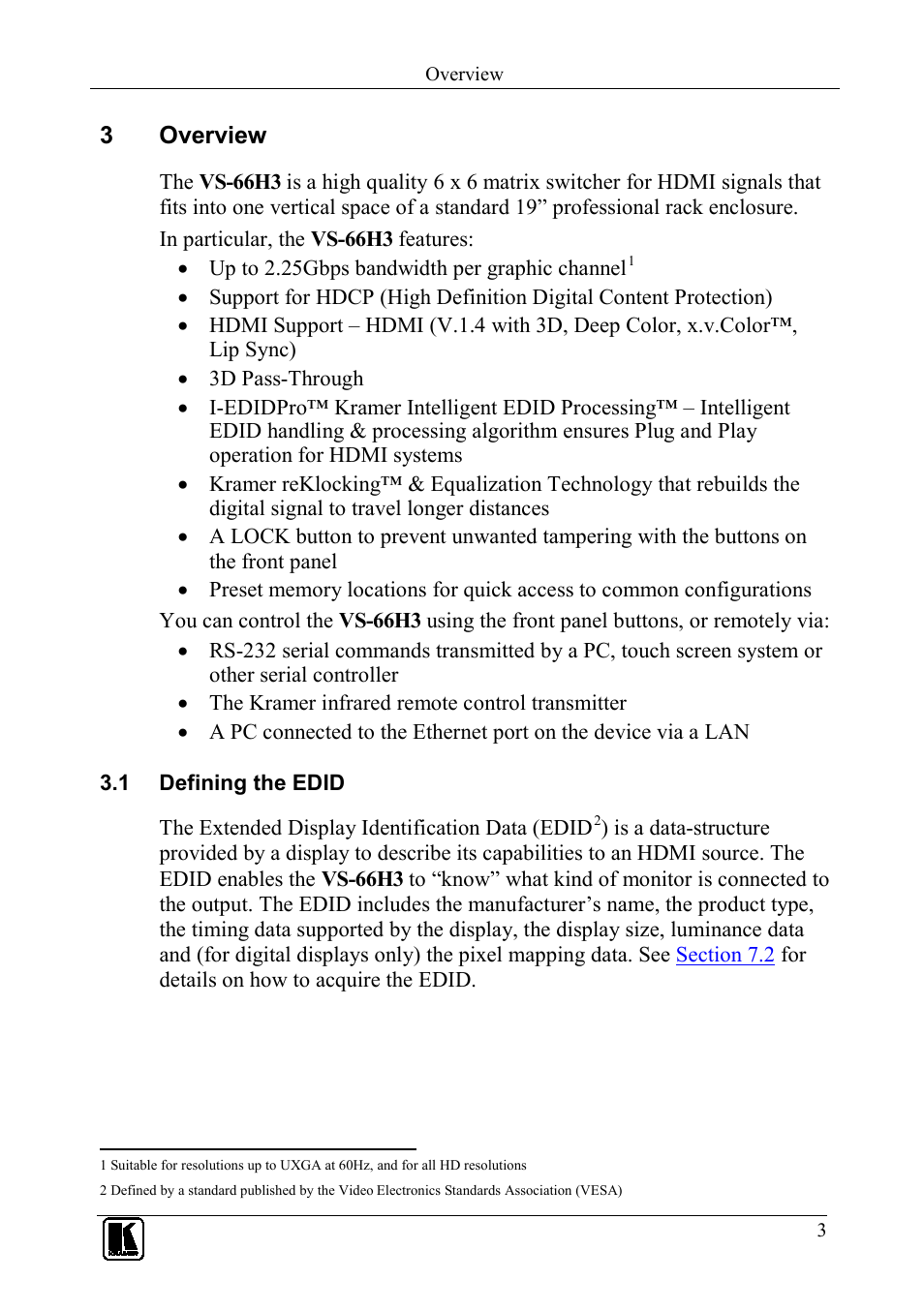 3 overview, 1 defining the edid, Overview | Defining the edid, 3overview | Kramer Electronics VS-66H3 User Manual | Page 6 / 27