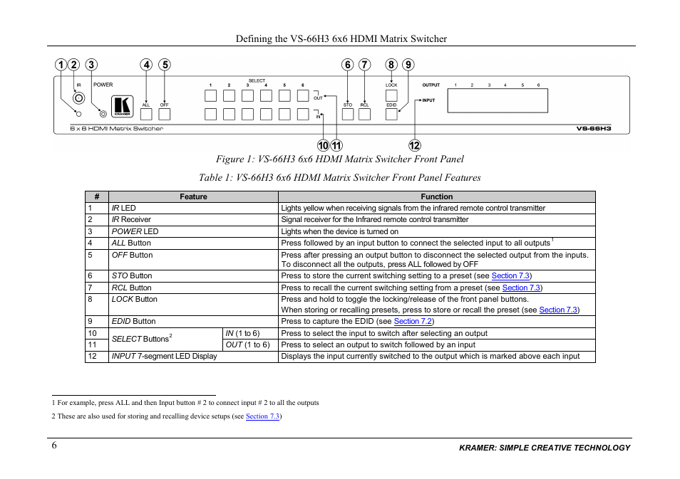 Figure 1, Table 1 | Kramer Electronics VS-66H3 User Manual | Page 9 / 27